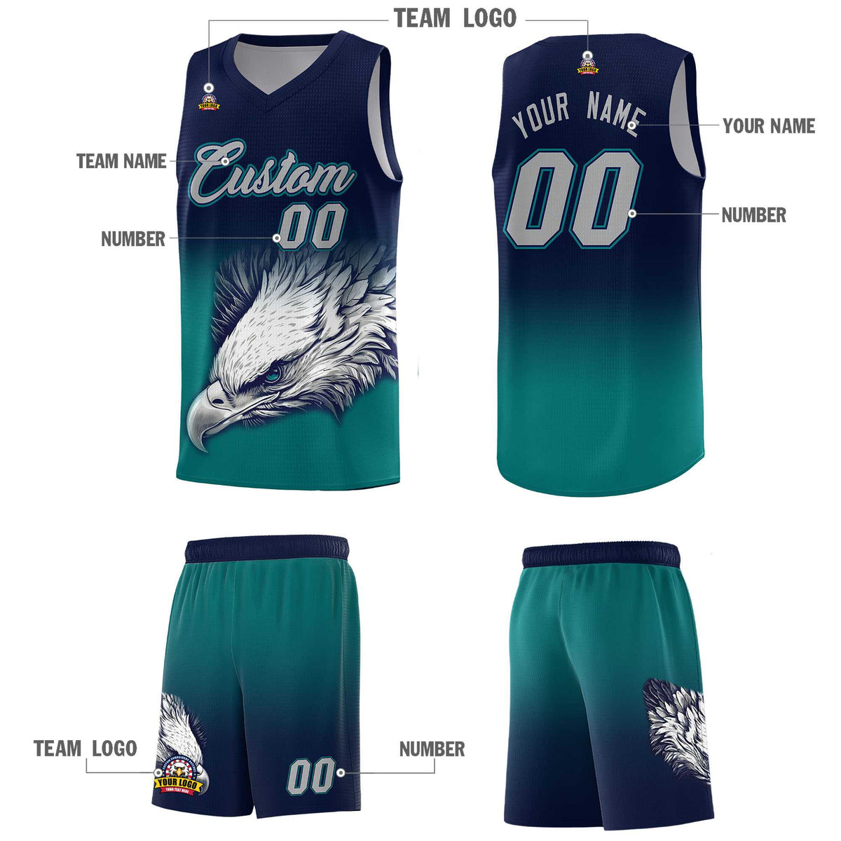 Custom Navy Teal Eagle Pattern Graffiti Pattern Sports Uniform Basketball Jersey