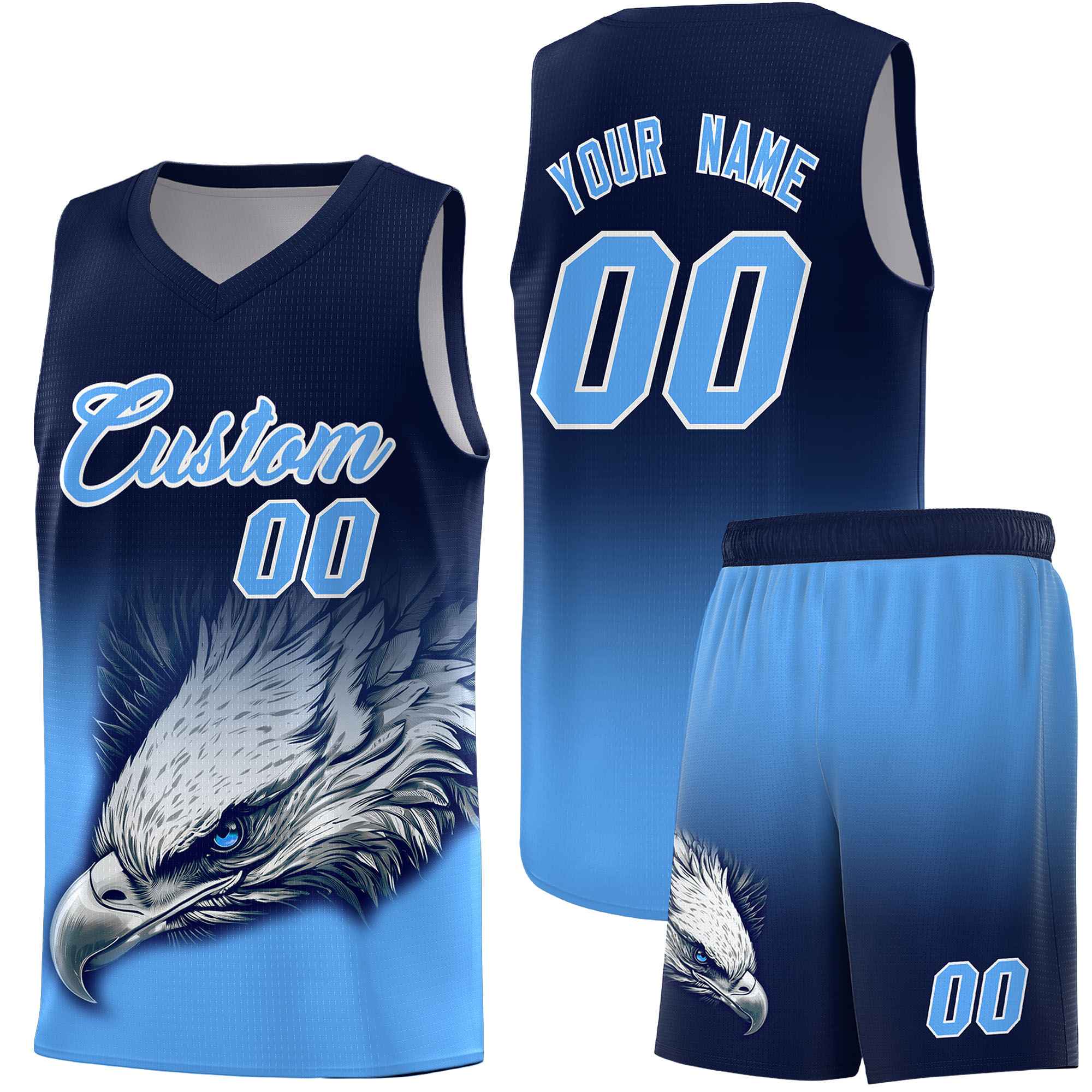 Custom Navy Powder Blue Eagle Pattern Graffiti Pattern Sports Uniform Basketball Jersey