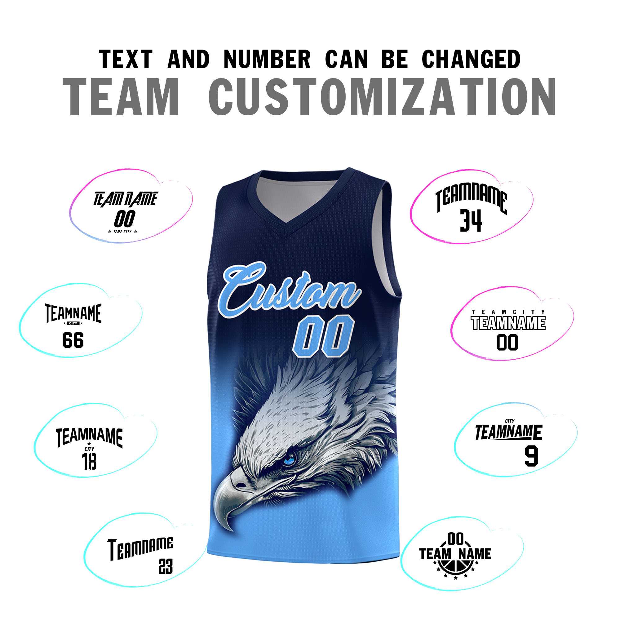 Custom Navy Powder Blue Eagle Pattern Graffiti Pattern Sports Uniform Basketball Jersey