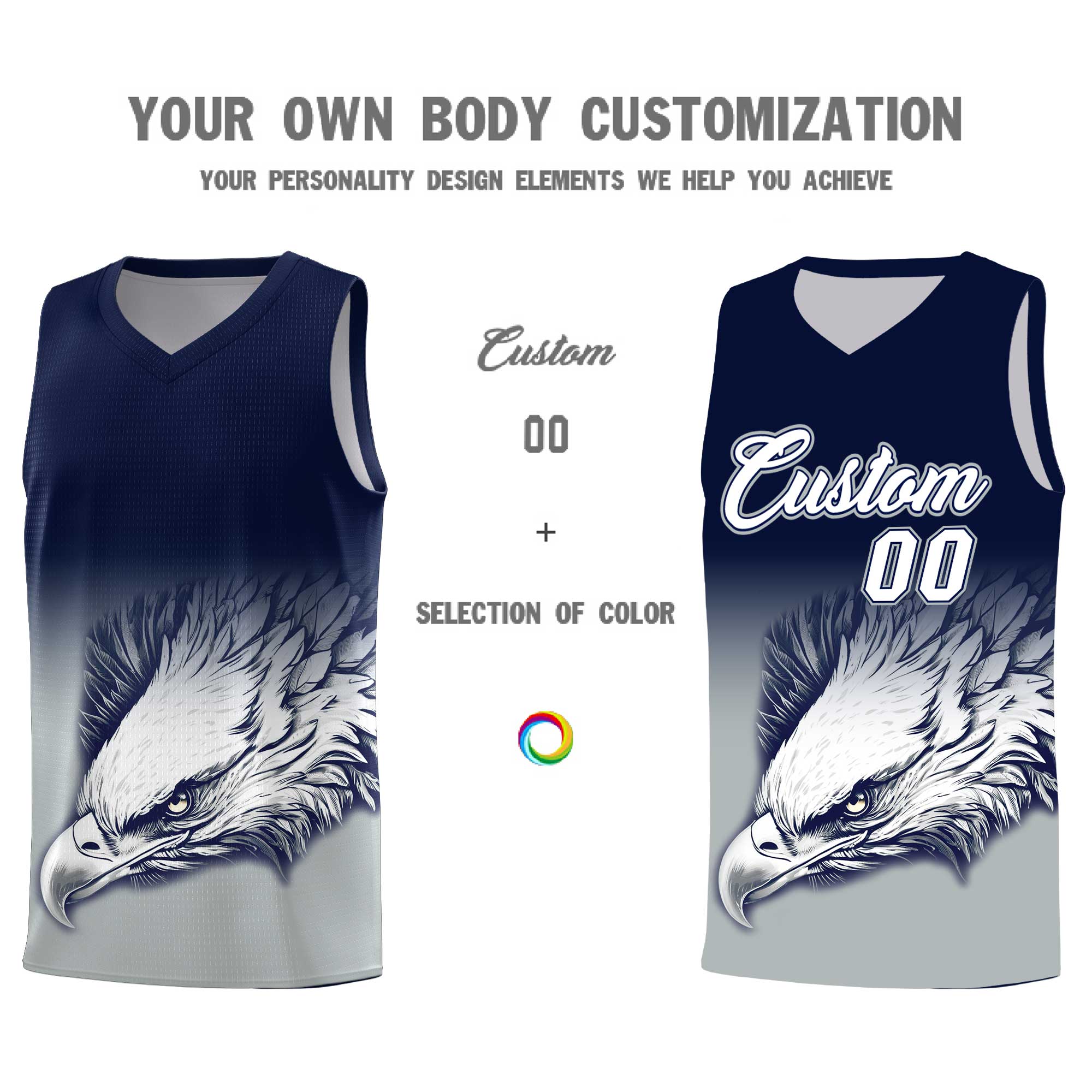Custom Navy Gray Eagle Pattern Graffiti Pattern Sports Uniform Basketball Jersey