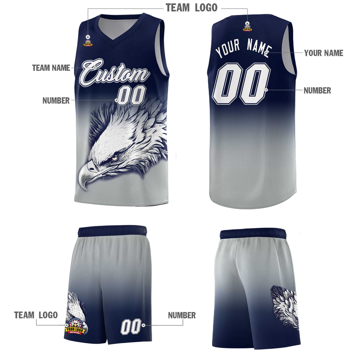 Custom Navy Gray Eagle Pattern Graffiti Pattern Sports Uniform Basketball Jersey