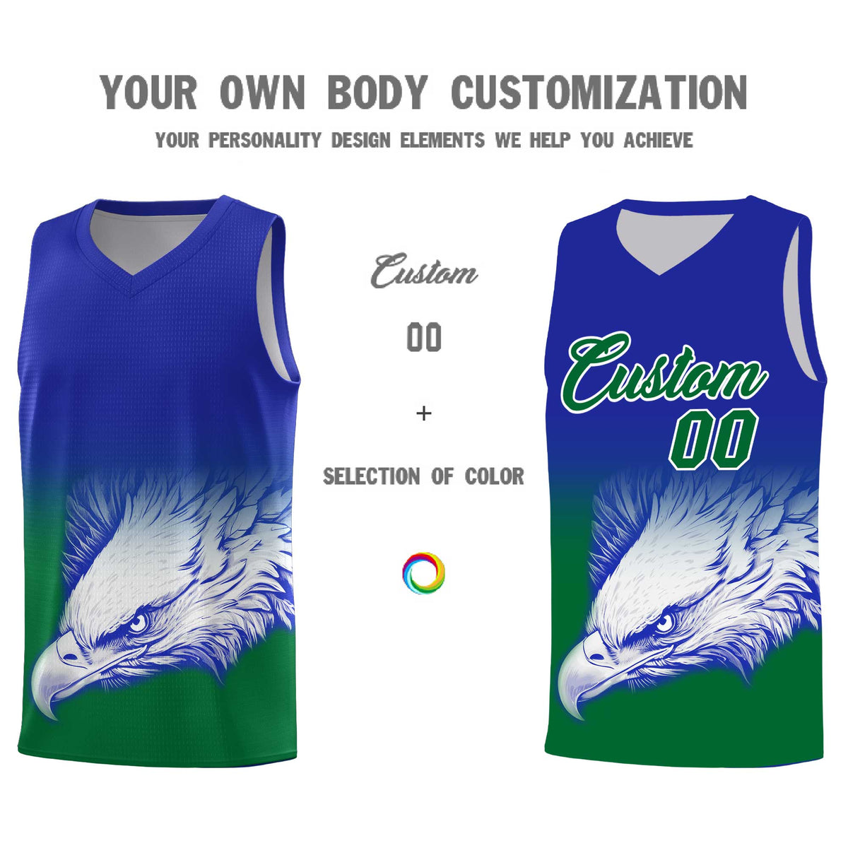 Custom Royal Kelly Green Eagle Pattern Graffiti Pattern Sports Uniform Basketball Jersey