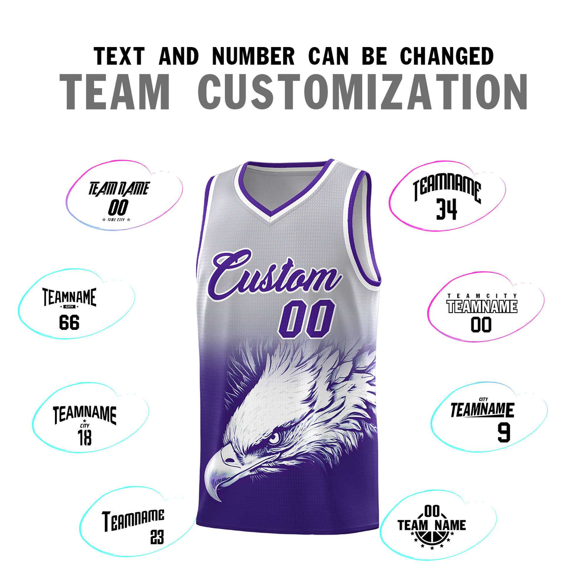Custom Gray Purple Eagle Pattern Graffiti Pattern Sports Uniform Basketball Jersey