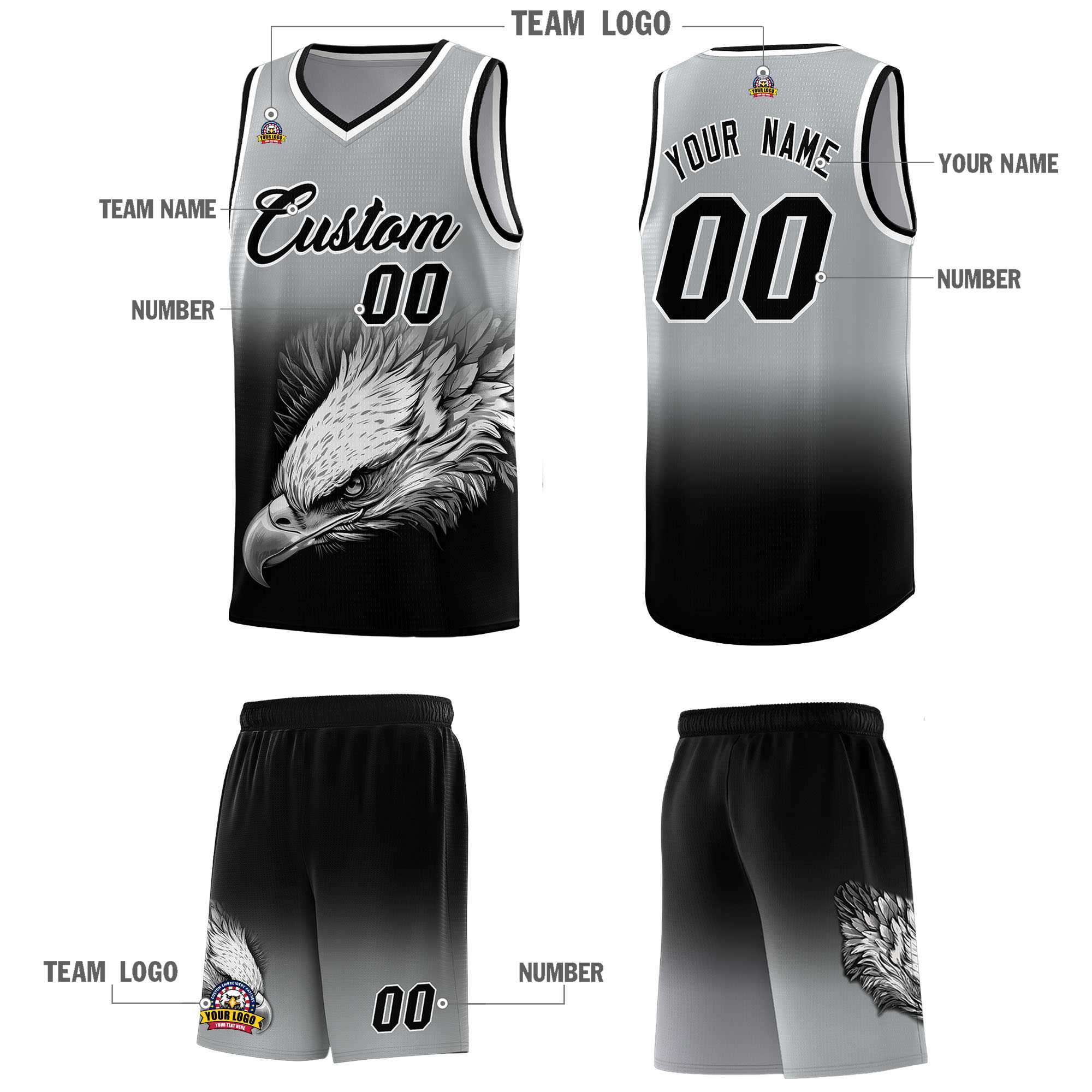 Custom Gray Black Eagle Pattern Graffiti Pattern Sports Uniform Basketball Jersey