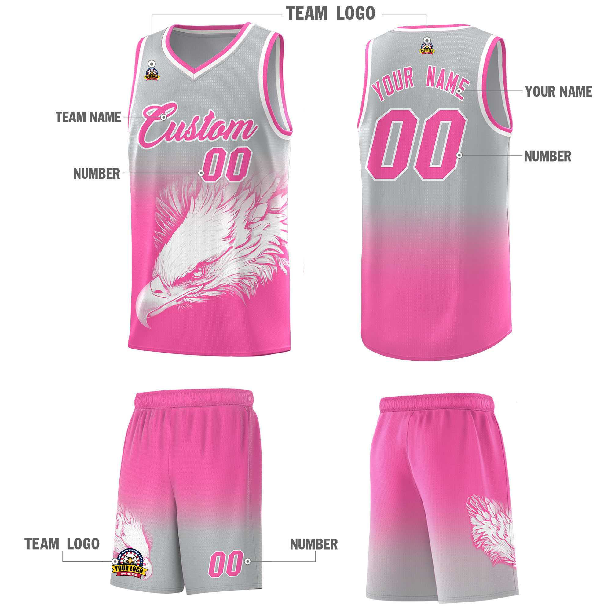 Custom Gray Pink Eagle Pattern Graffiti Pattern Sports Uniform Basketball Jersey