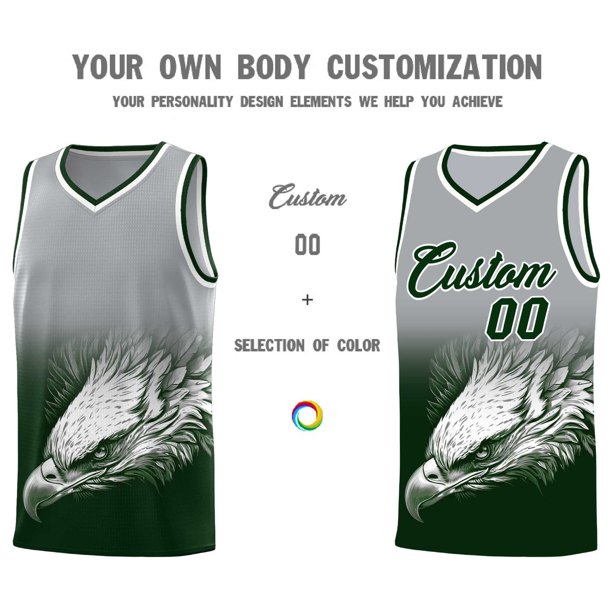 Custom Gray Green Eagle Pattern Graffiti Pattern Sports Uniform Basketball Jersey