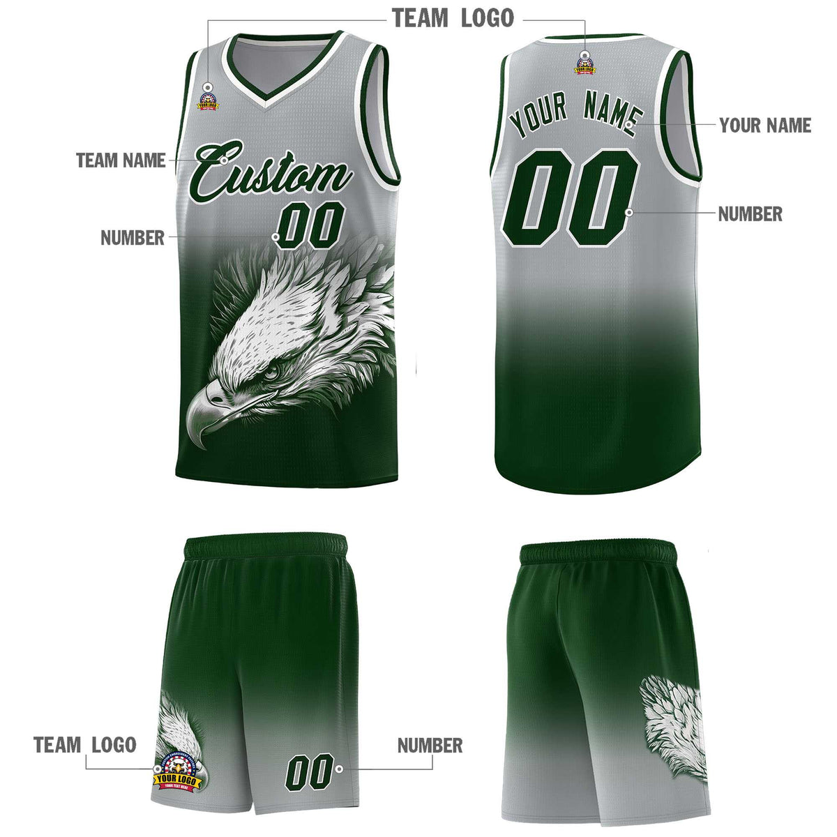 Custom Gray Green Eagle Pattern Graffiti Pattern Sports Uniform Basketball Jersey