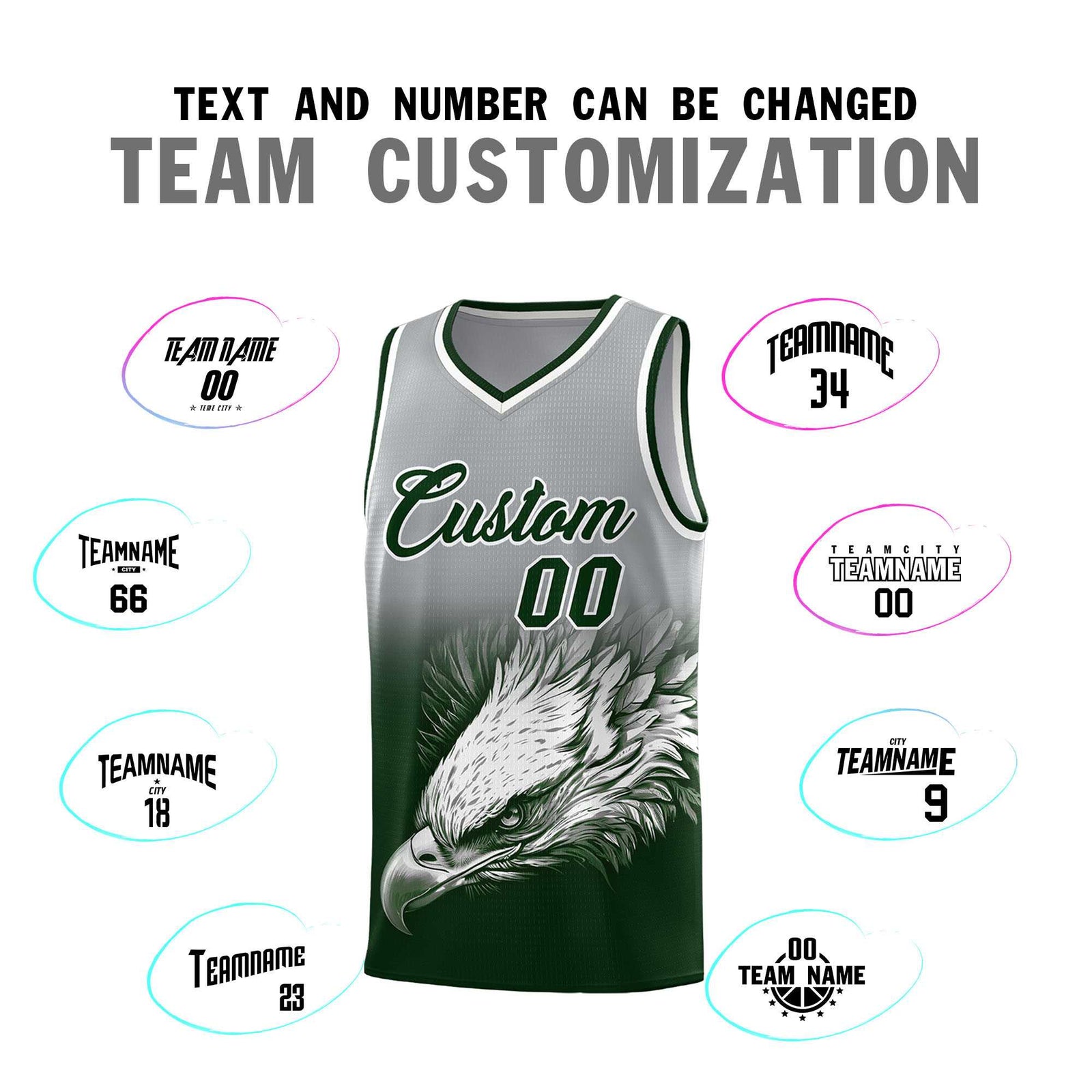 Custom Gray Green Eagle Pattern Graffiti Pattern Sports Uniform Basketball Jersey
