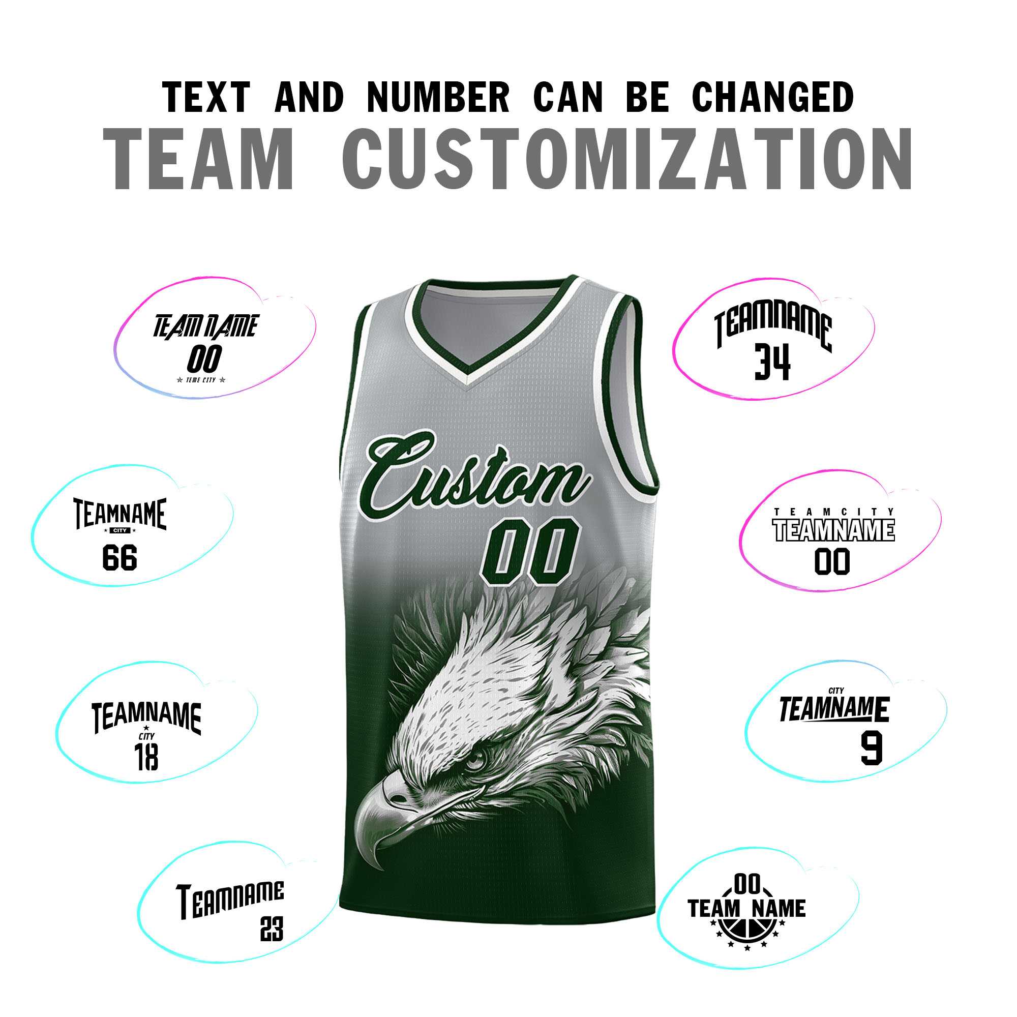 Custom Gray Green Eagle Pattern Graffiti Pattern Sports Uniform Basketball Jersey