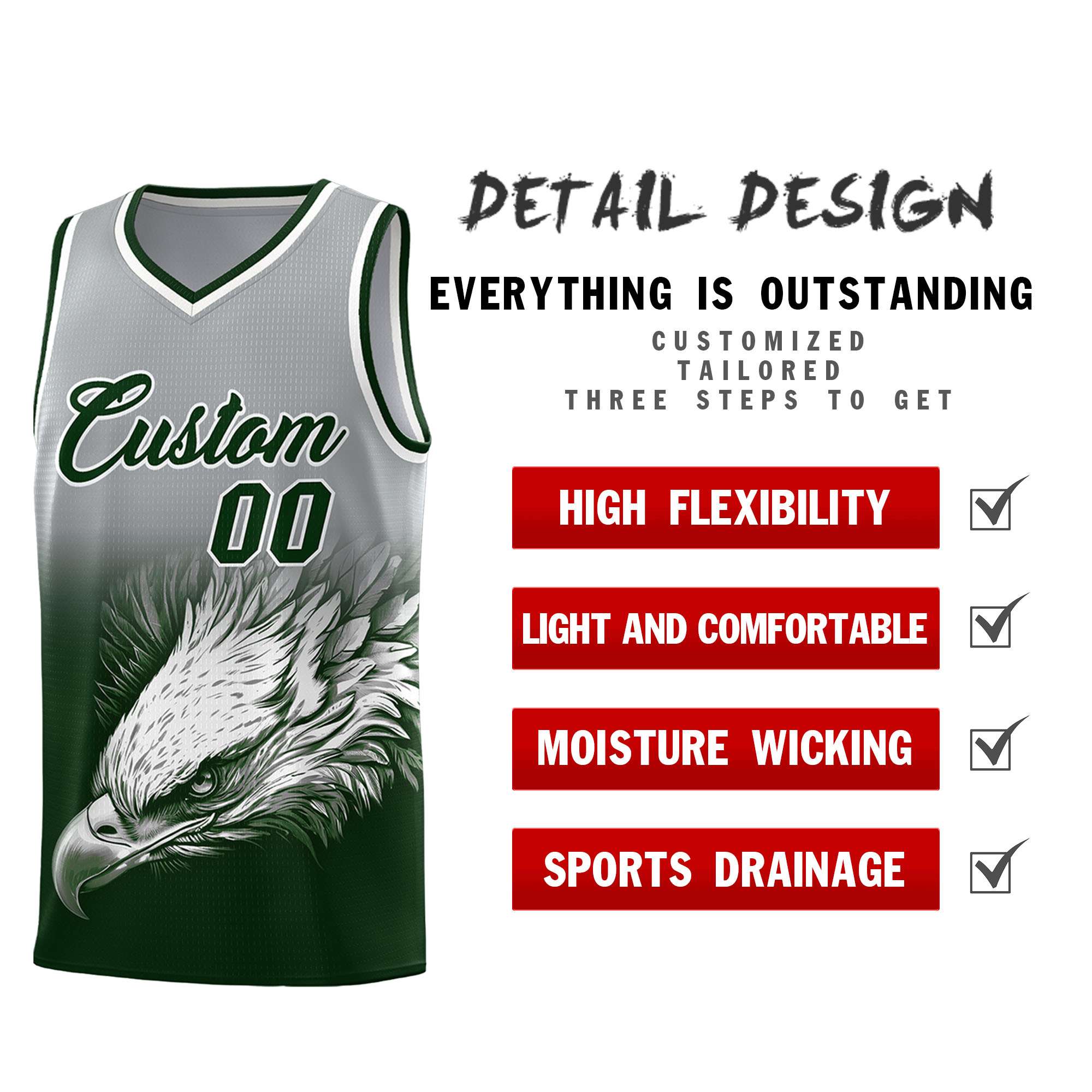 Custom Gray Green Eagle Pattern Graffiti Pattern Sports Uniform Basketball Jersey