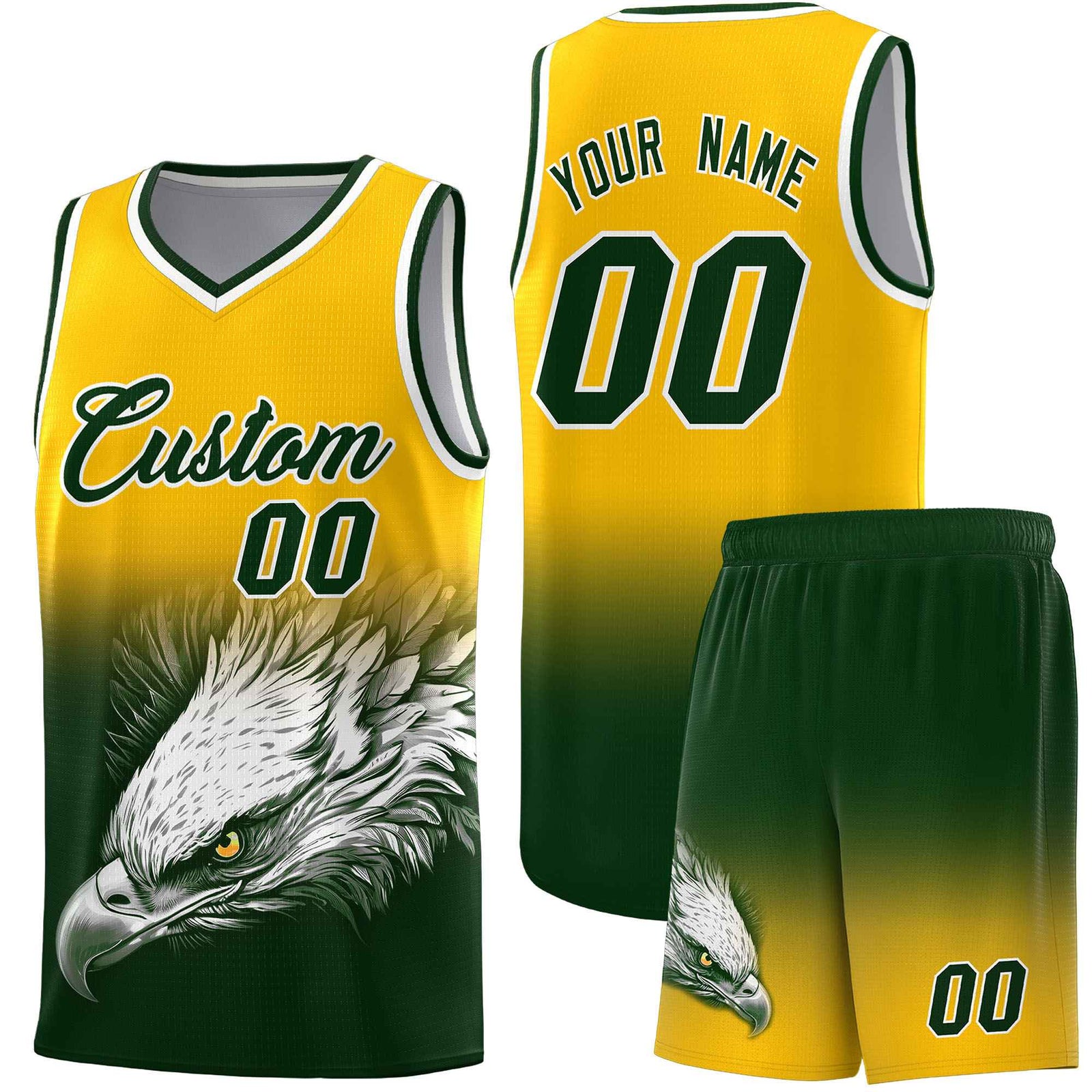 Custom Yellow Green Eagle Pattern Graffiti Pattern Sports Uniform Basketball Jersey