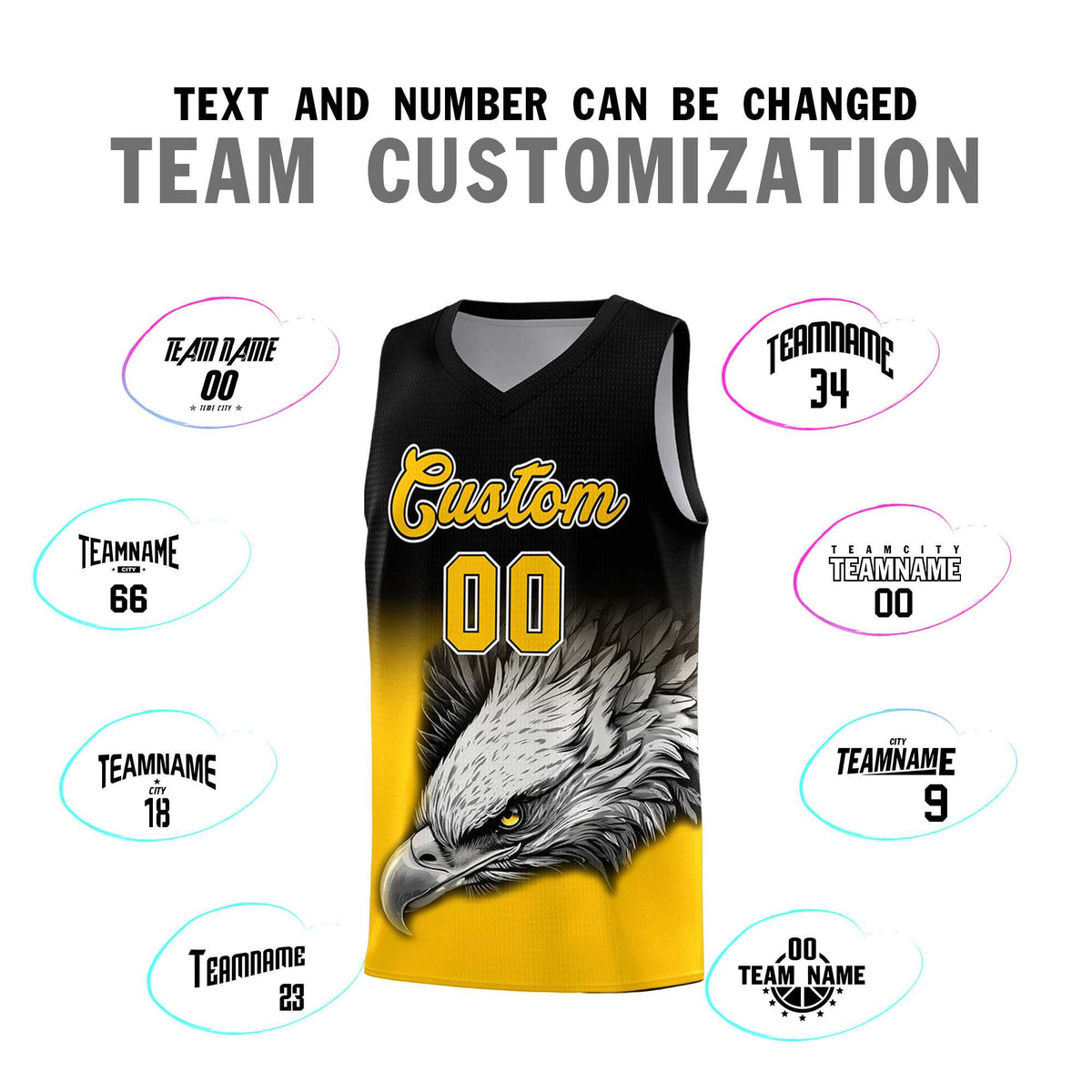 Custom Black Yellow Eagle Pattern Graffiti Pattern Sports Uniform Basketball Jersey