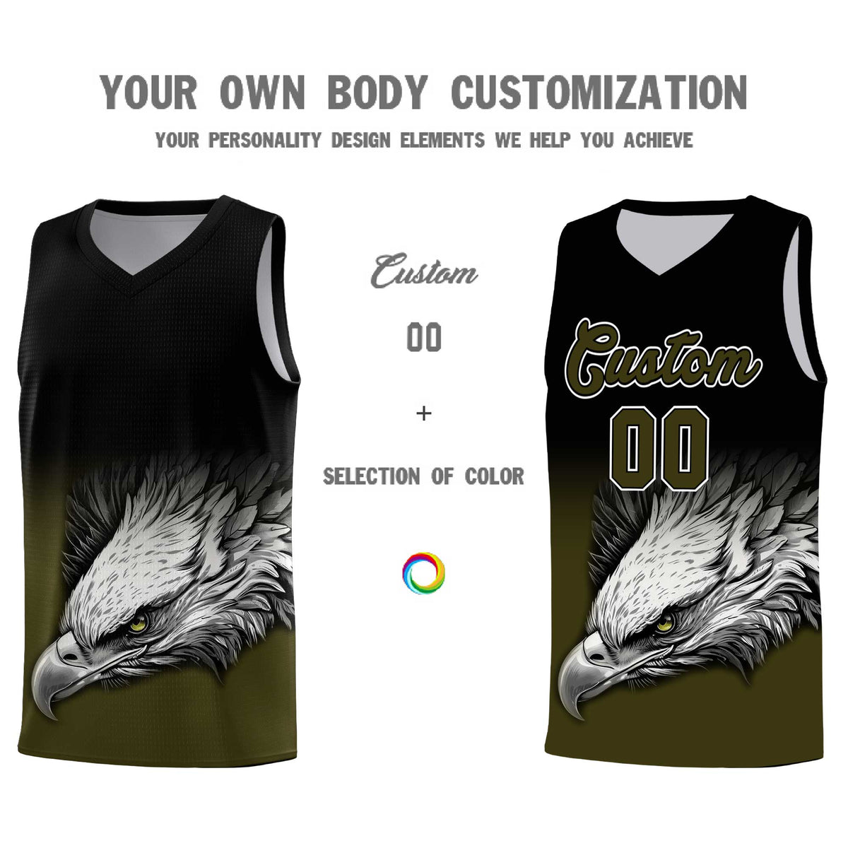 Custom Black Olive Eagle Pattern Graffiti Pattern Sports Uniform Basketball Jersey
