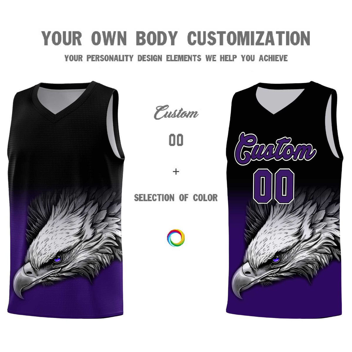Custom Black Purple Eagle Pattern Graffiti Pattern Sports Uniform Basketball Jersey