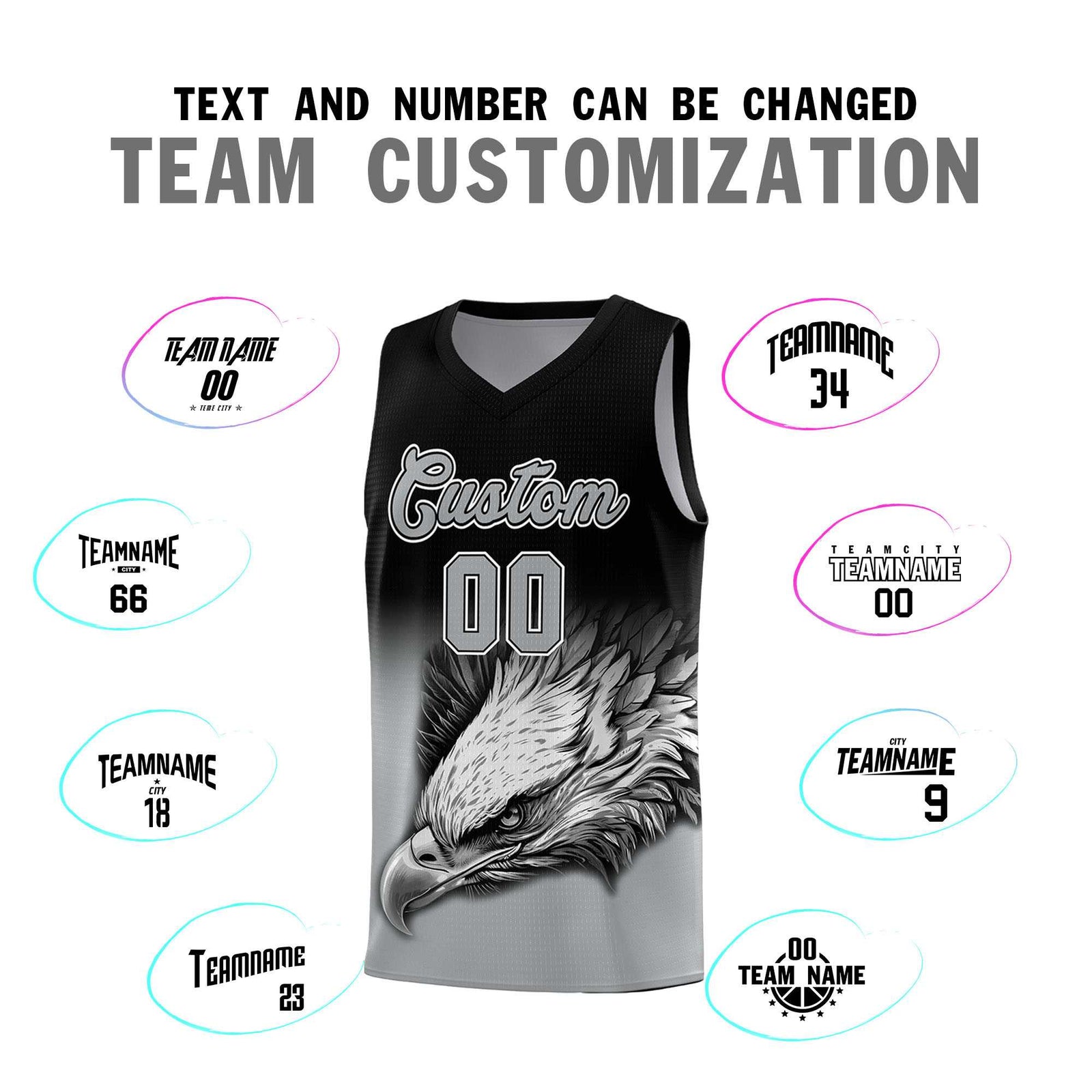 Custom Black Gray Eagle Pattern Graffiti Pattern Sports Uniform Basketball Jersey
