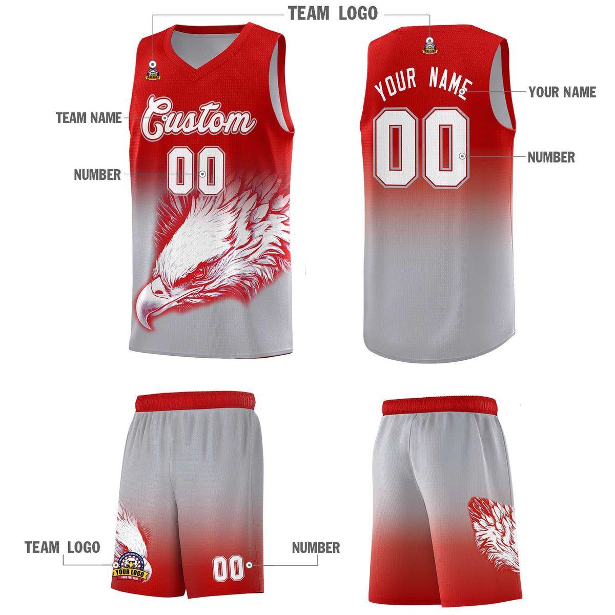 Custom Red Gray Eagle Pattern Graffiti Pattern Sports Uniform Basketball Jersey