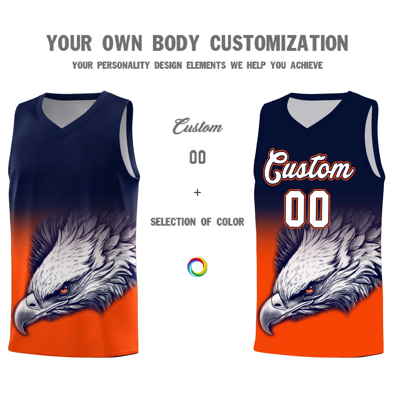 Custom Navy Orange Eagle Pattern Graffiti Pattern Sports Uniform Basketball Jersey