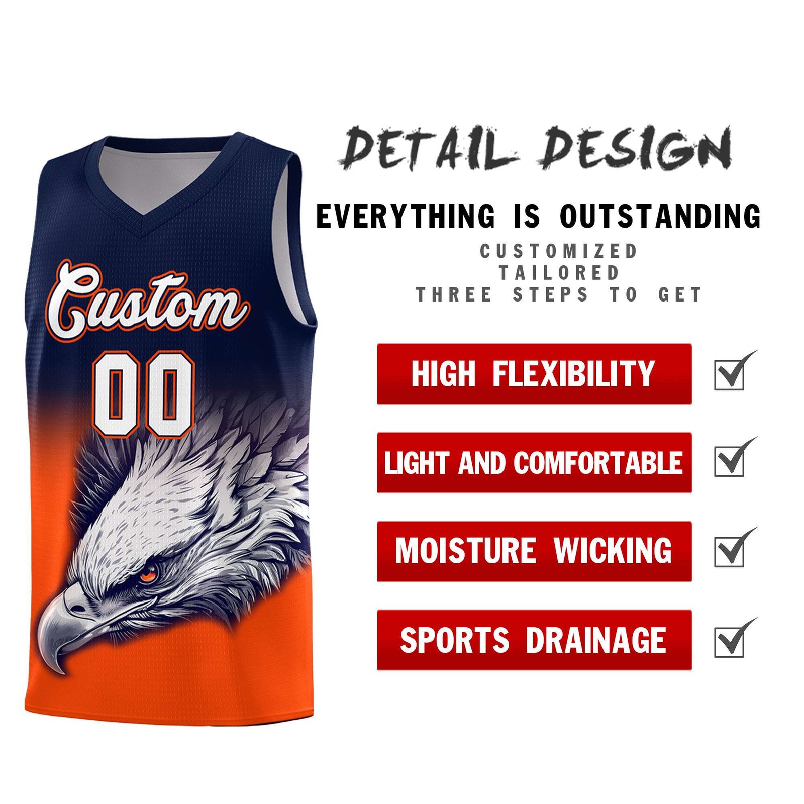 Custom Navy Orange Eagle Pattern Graffiti Pattern Sports Uniform Basketball Jersey