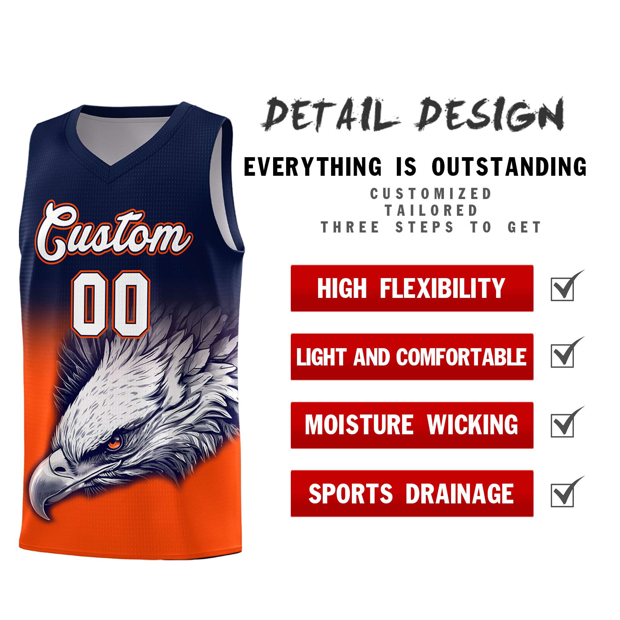 Custom Navy Orange Eagle Pattern Graffiti Pattern Sports Uniform Basketball Jersey
