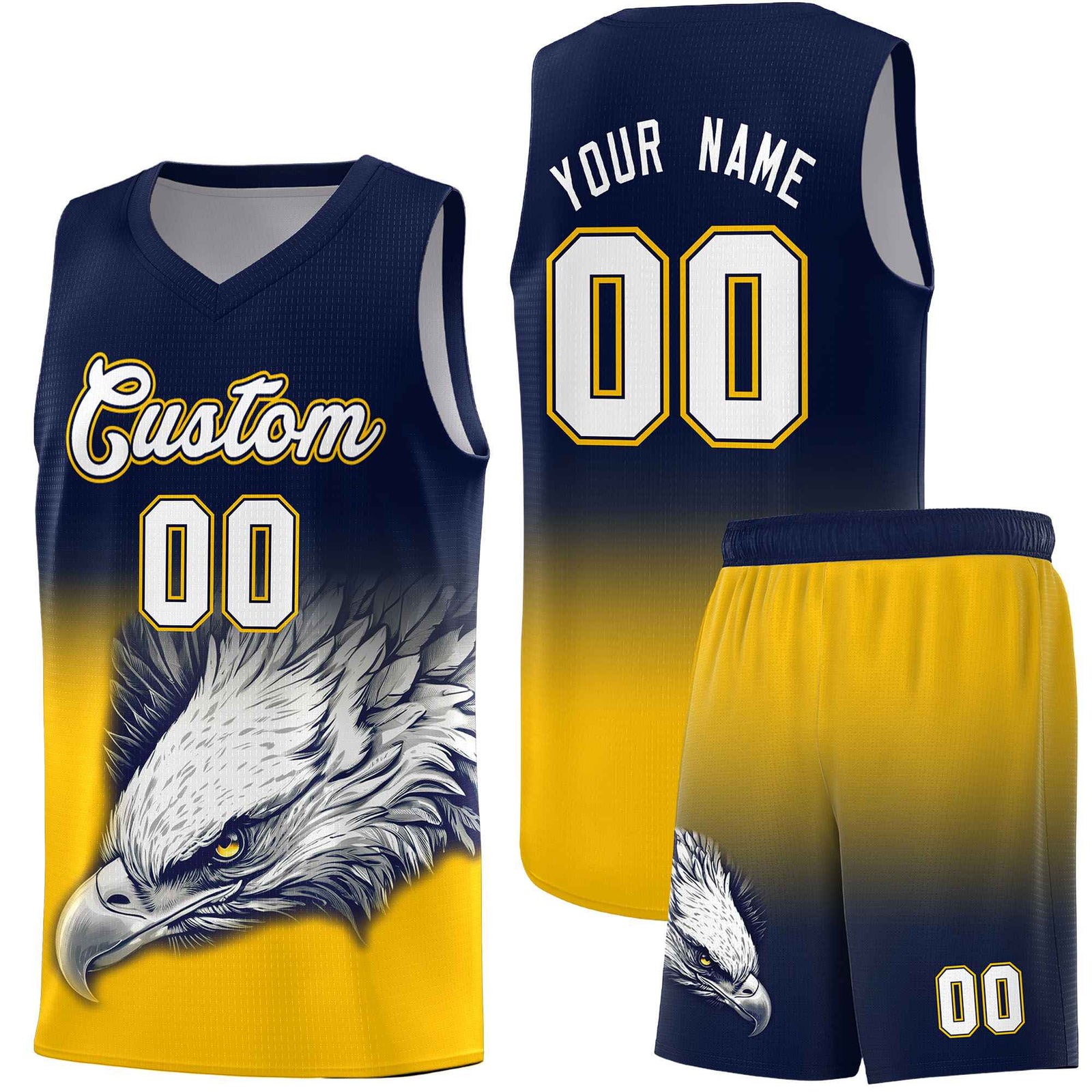 Custom Navy Yellow Eagle Pattern Graffiti Pattern Sports Uniform Basketball Jersey