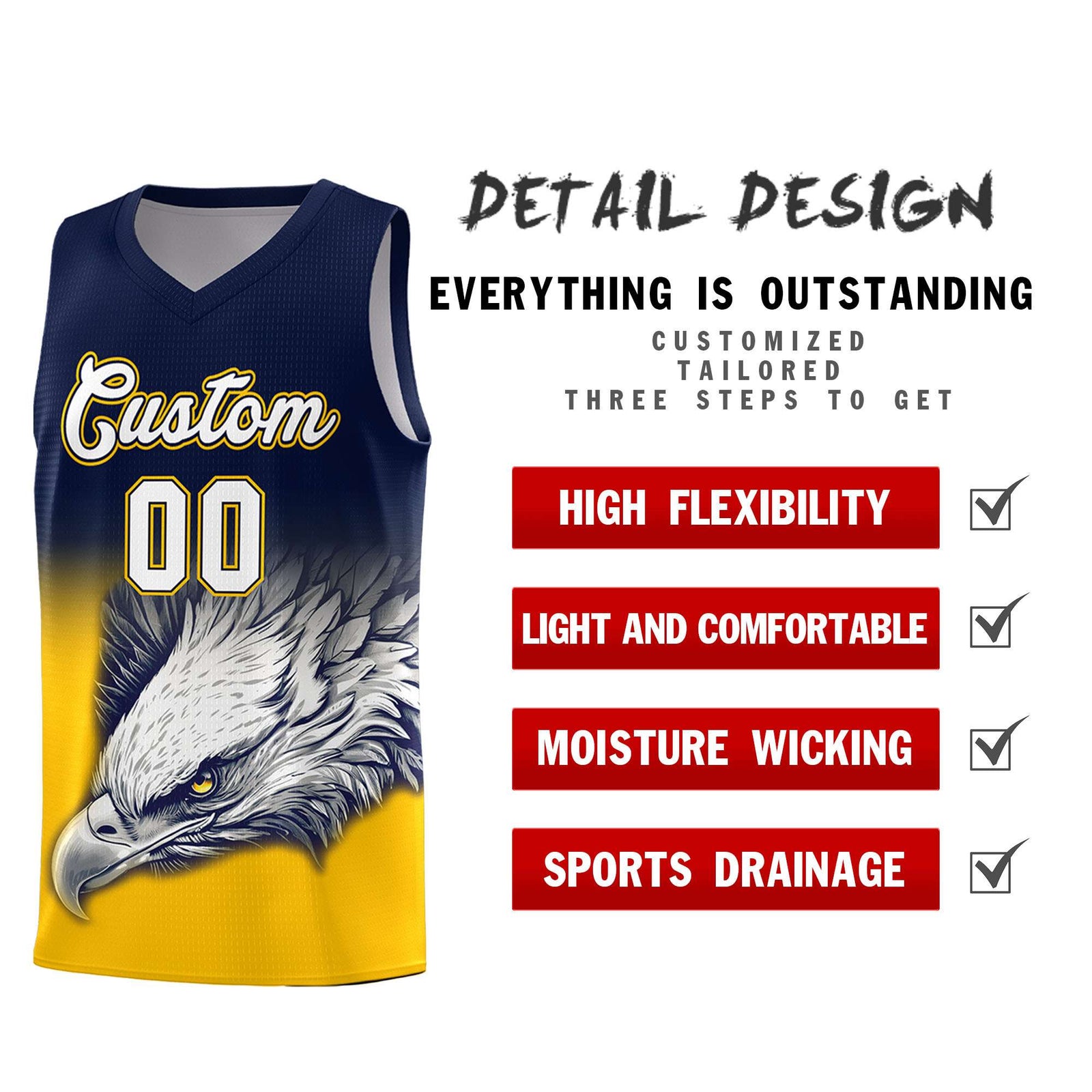 Custom Navy Yellow Eagle Pattern Graffiti Pattern Sports Uniform Basketball Jersey