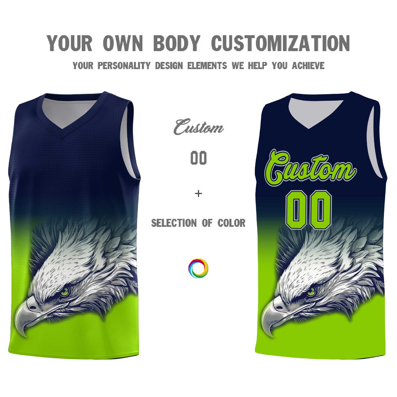Custom Navy Neon Green Eagle Pattern Graffiti Pattern Sports Uniform Basketball Jersey