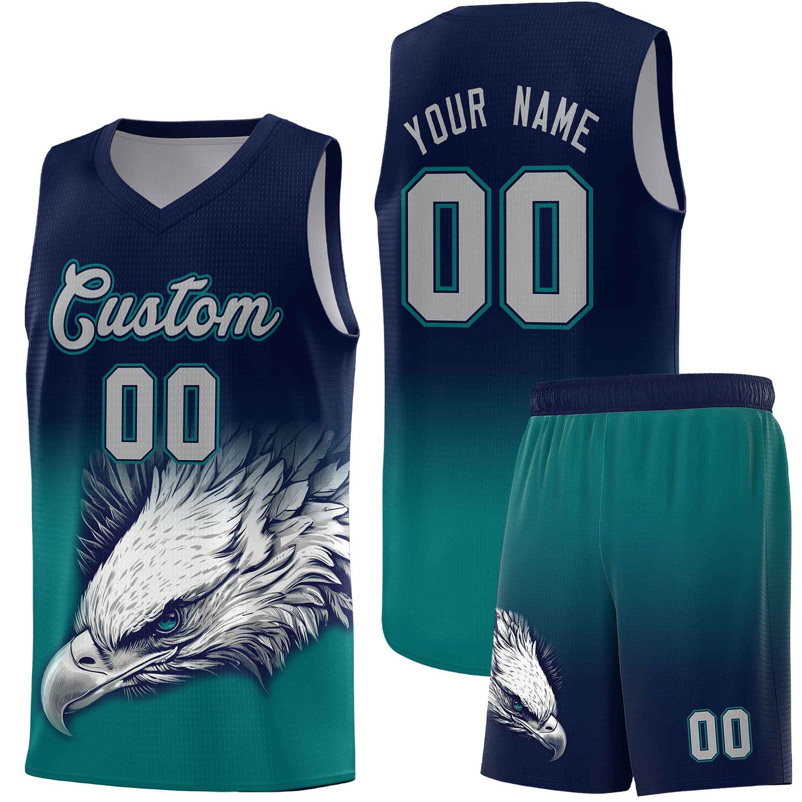 Custom Navy Teal Eagle Pattern Graffiti Pattern Sports Uniform Basketball Jersey