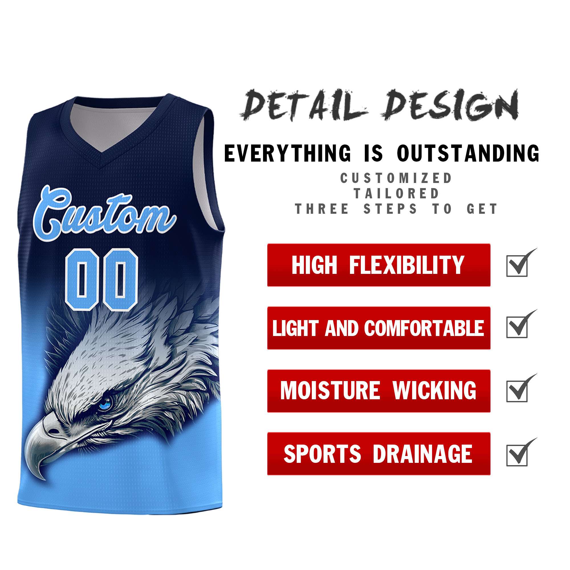 Custom Navy Powder Blue Eagle Pattern Graffiti Pattern Sports Uniform Basketball Jersey