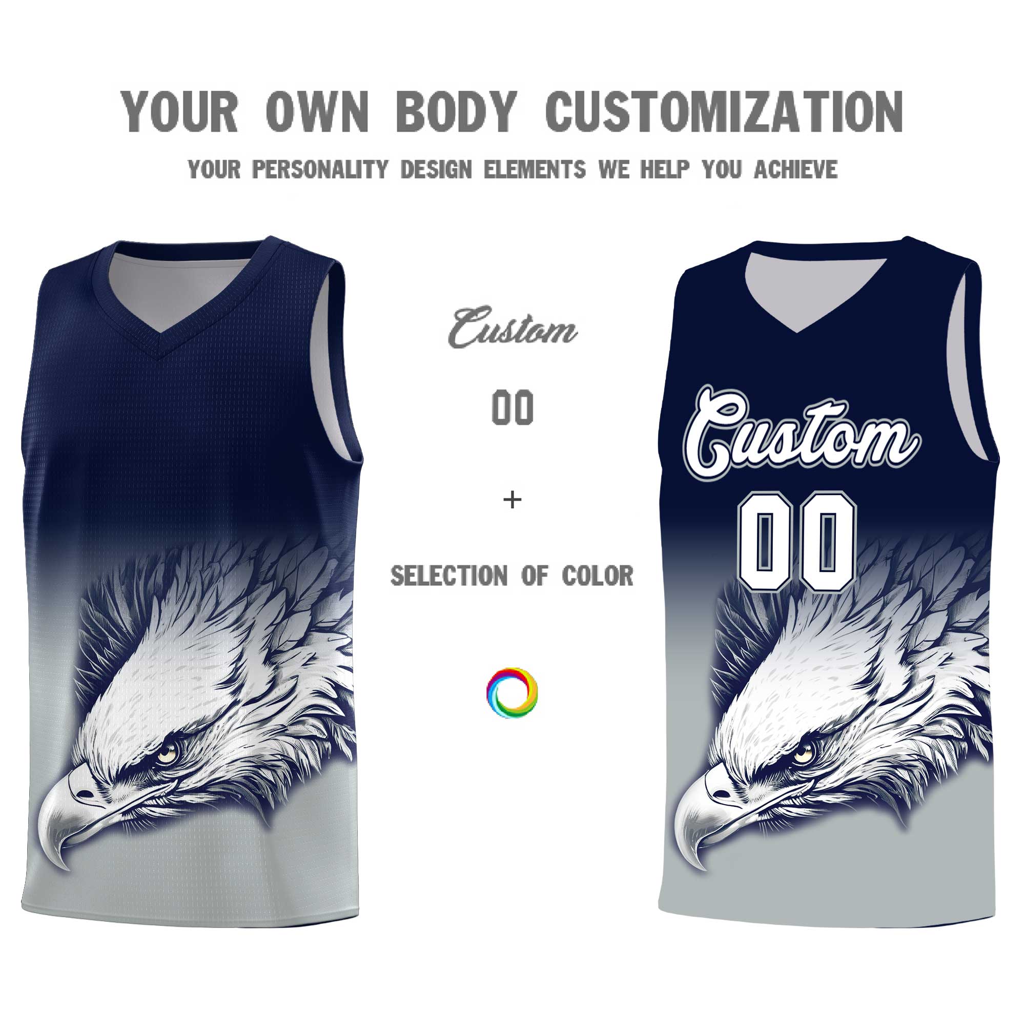 Custom Navy Gray Eagle Pattern Graffiti Pattern Sports Uniform Basketball Jersey
