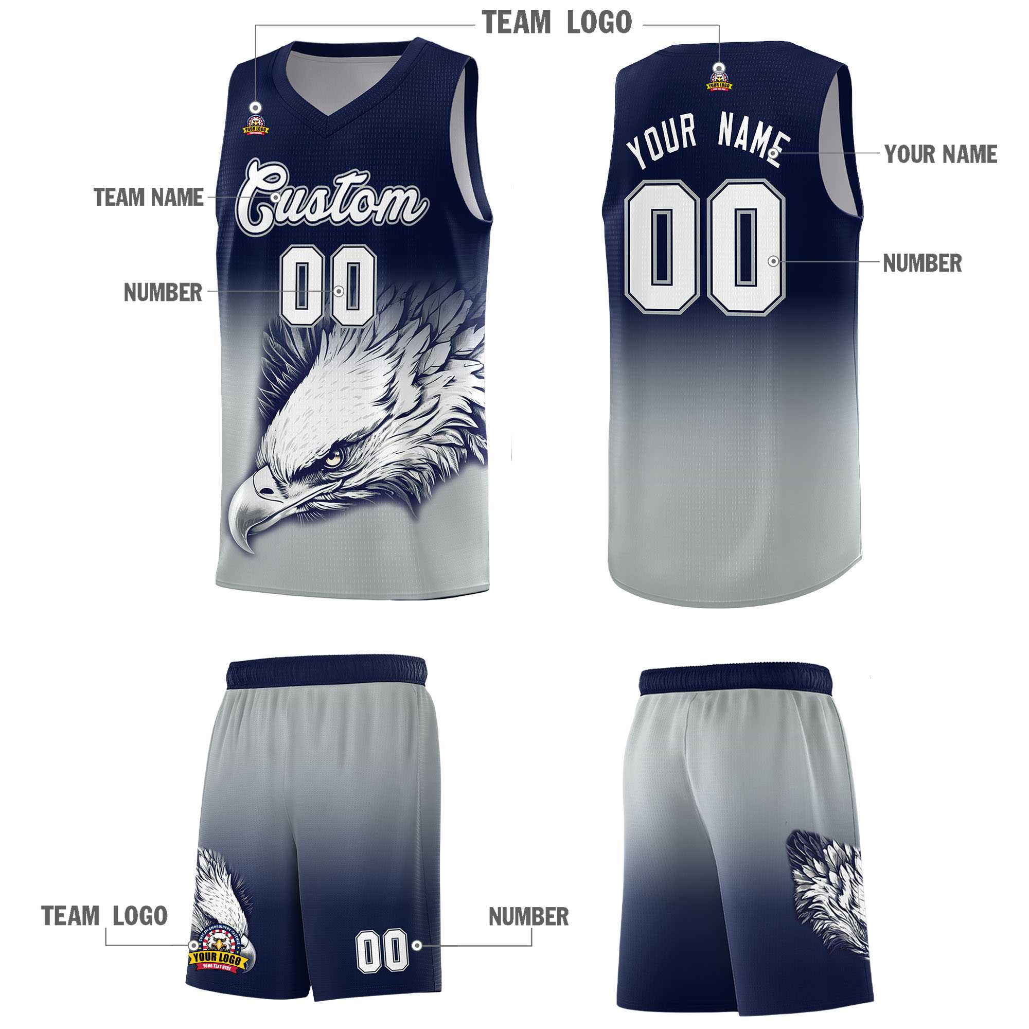 Custom Navy Gray Eagle Pattern Graffiti Pattern Sports Uniform Basketball Jersey