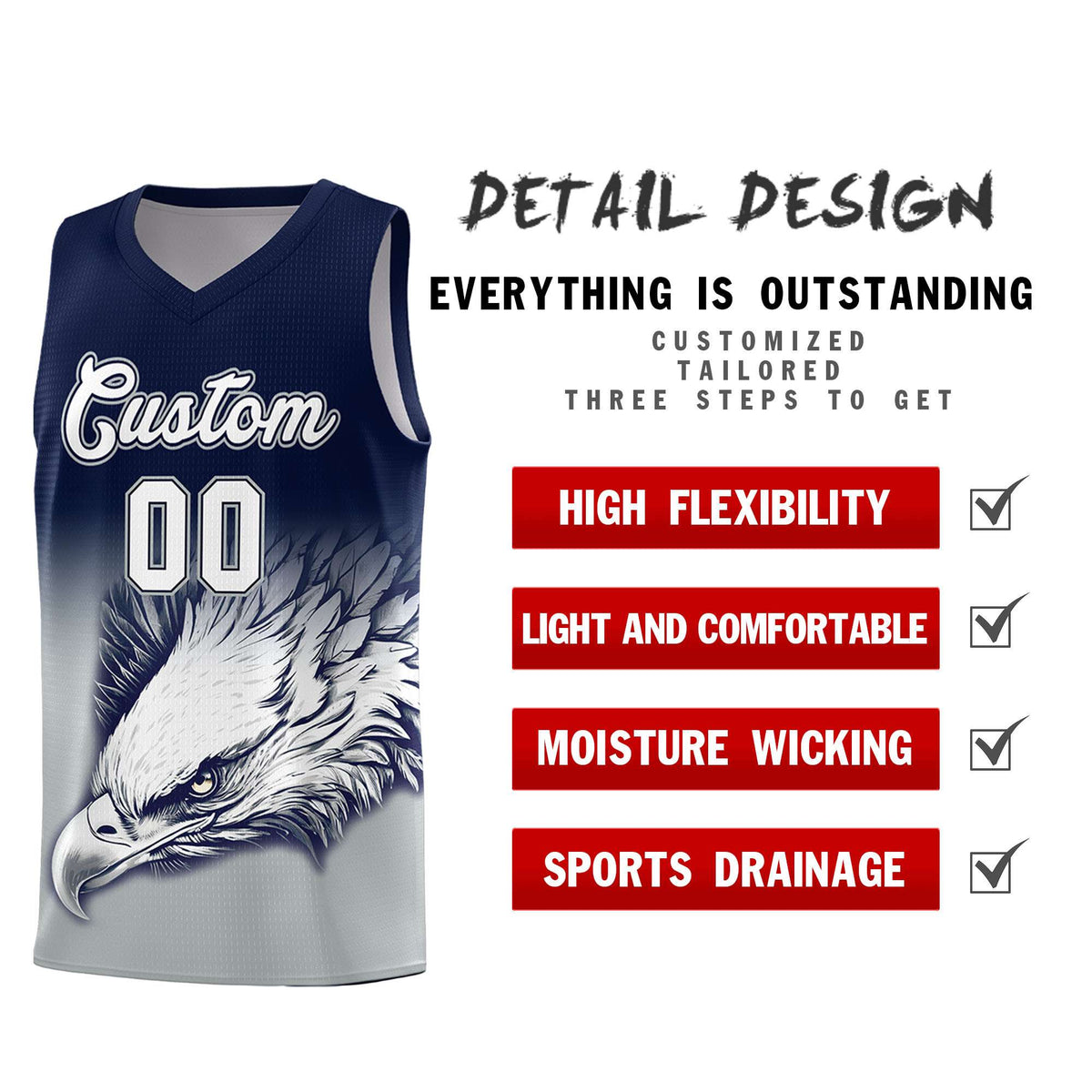 Custom Navy Gray Eagle Pattern Graffiti Pattern Sports Uniform Basketball Jersey