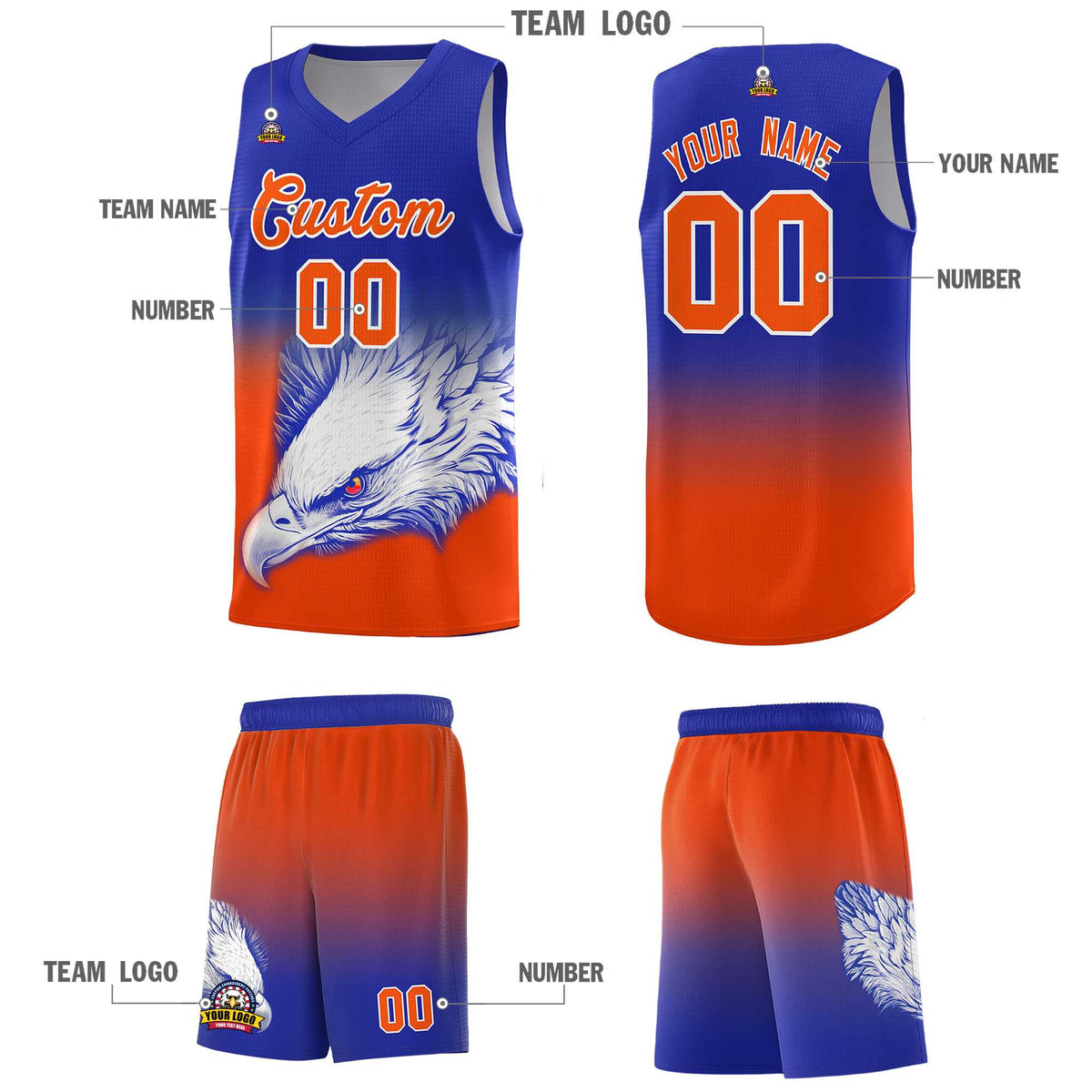 Custom Royal Orange Eagle Pattern Graffiti Pattern Sports Uniform Basketball Jersey
