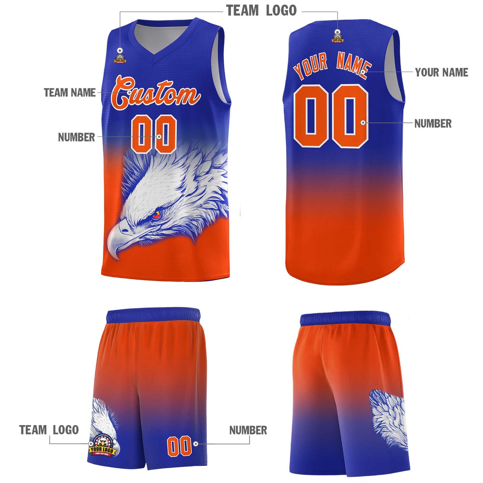 Custom Royal Orange Eagle Pattern Graffiti Pattern Sports Uniform Basketball Jersey
