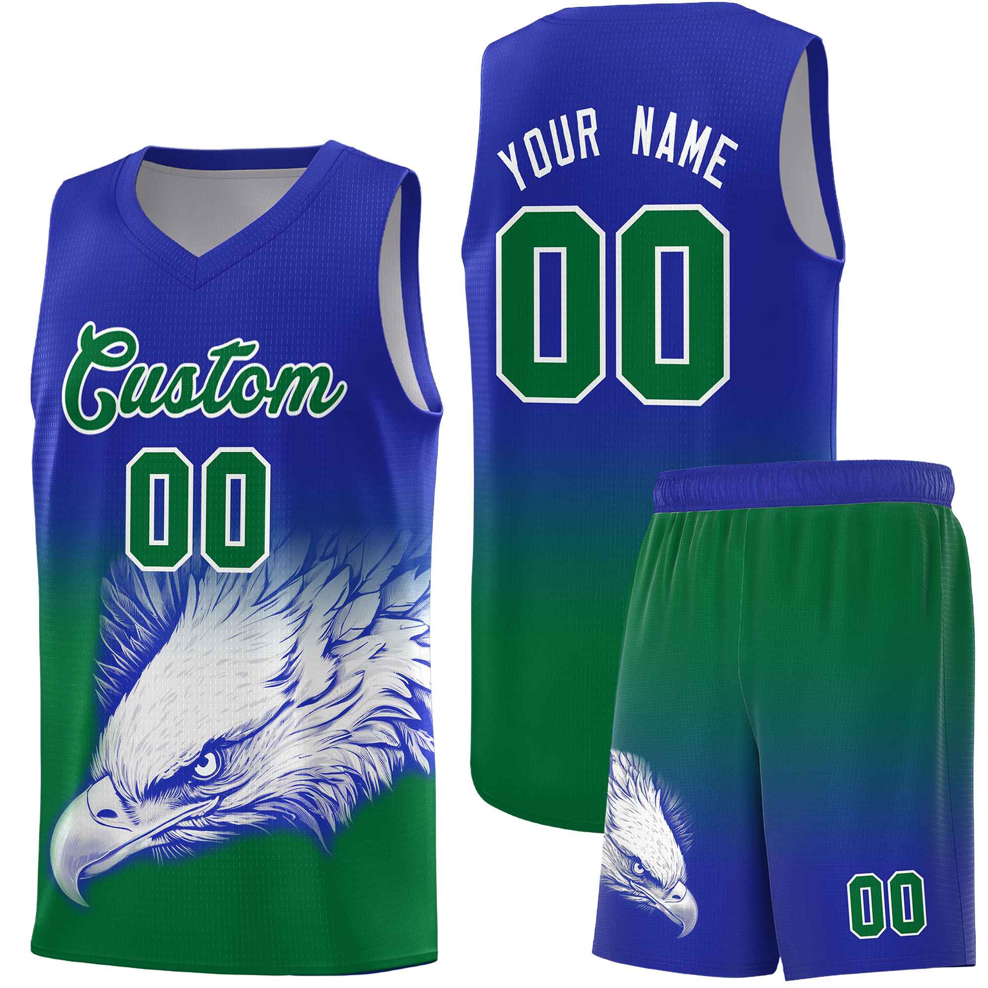 Custom Royal Kelly Green Eagle Pattern Graffiti Pattern Sports Uniform Basketball Jersey