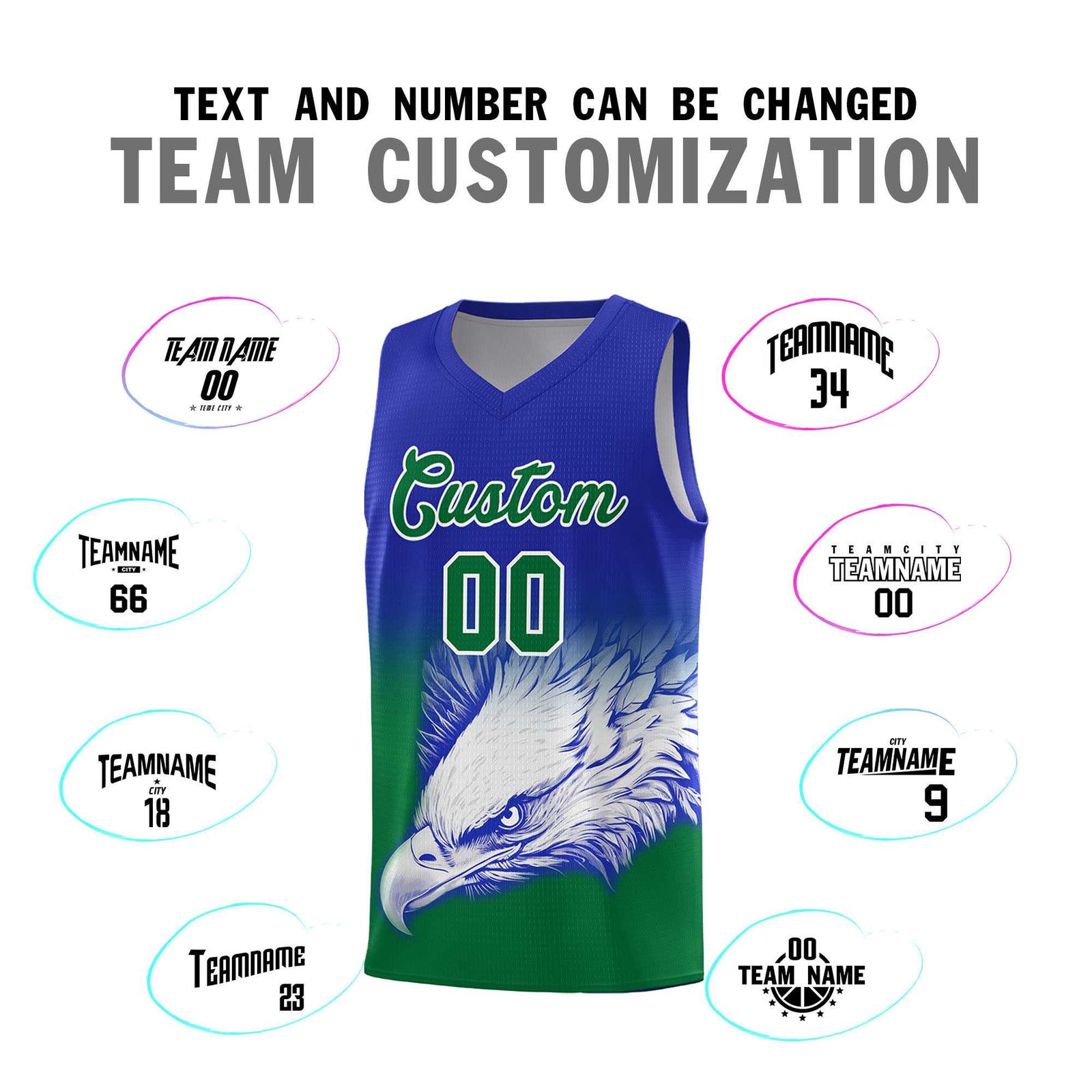Custom Royal Kelly Green Eagle Pattern Graffiti Pattern Sports Uniform Basketball Jersey