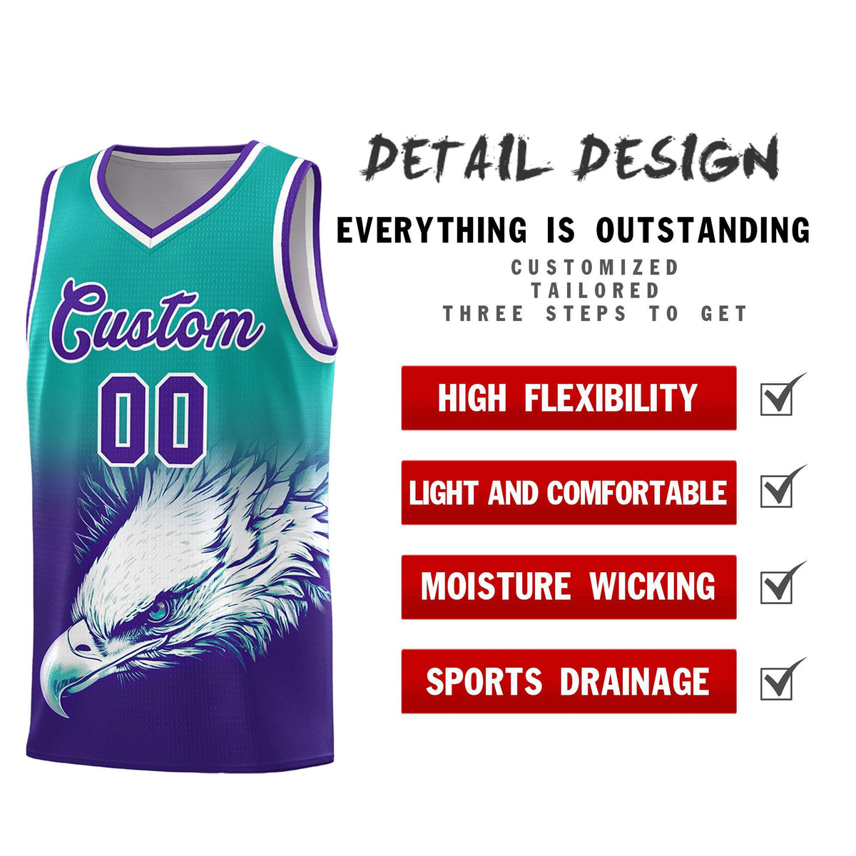 Custom Aqua Purple Eagle Pattern Graffiti Pattern Sports Uniform Basketball Jersey