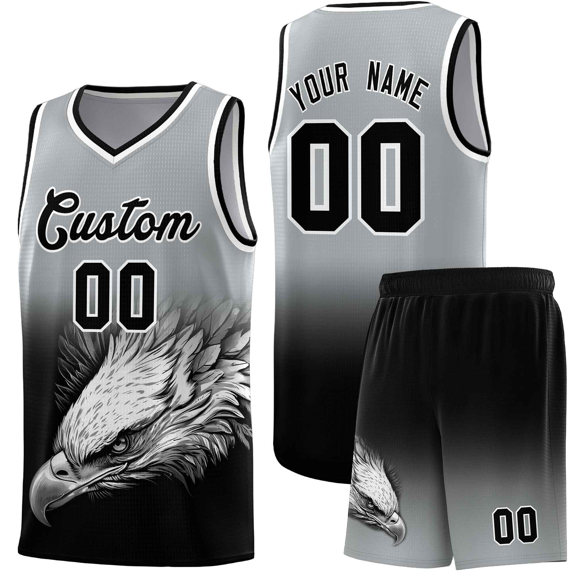 Custom Gray Black Eagle Pattern Graffiti Pattern Sports Uniform Basketball Jersey