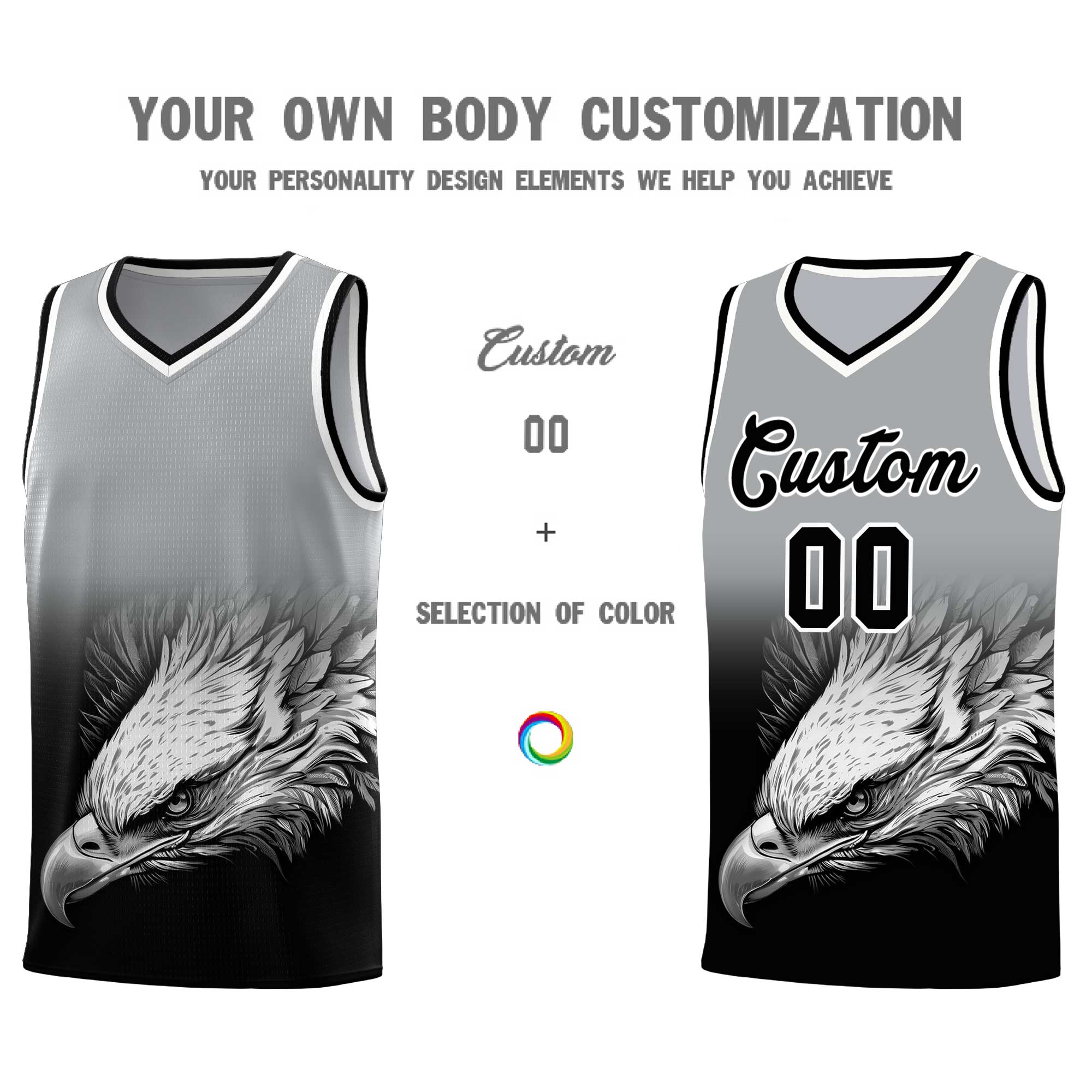 Custom Gray Black Eagle Pattern Graffiti Pattern Sports Uniform Basketball Jersey