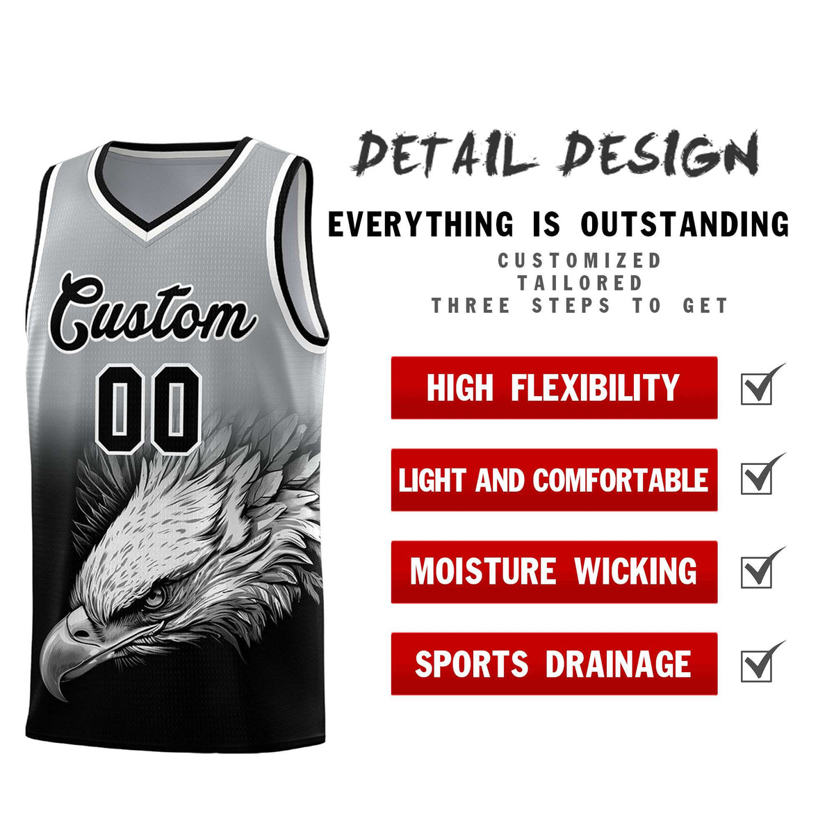 Custom Gray Black Eagle Pattern Graffiti Pattern Sports Uniform Basketball Jersey