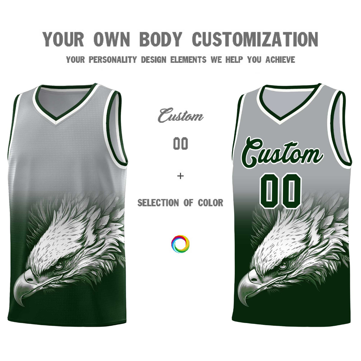 Custom Gray Green Eagle Pattern Graffiti Pattern Sports Uniform Basketball Jersey