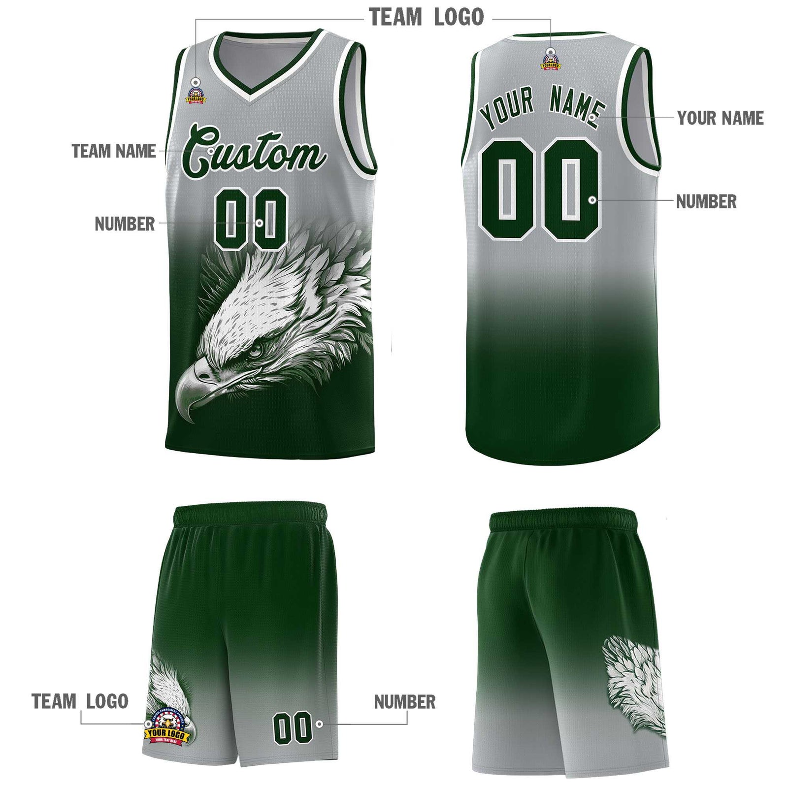 Custom Gray Green Eagle Pattern Graffiti Pattern Sports Uniform Basketball Jersey