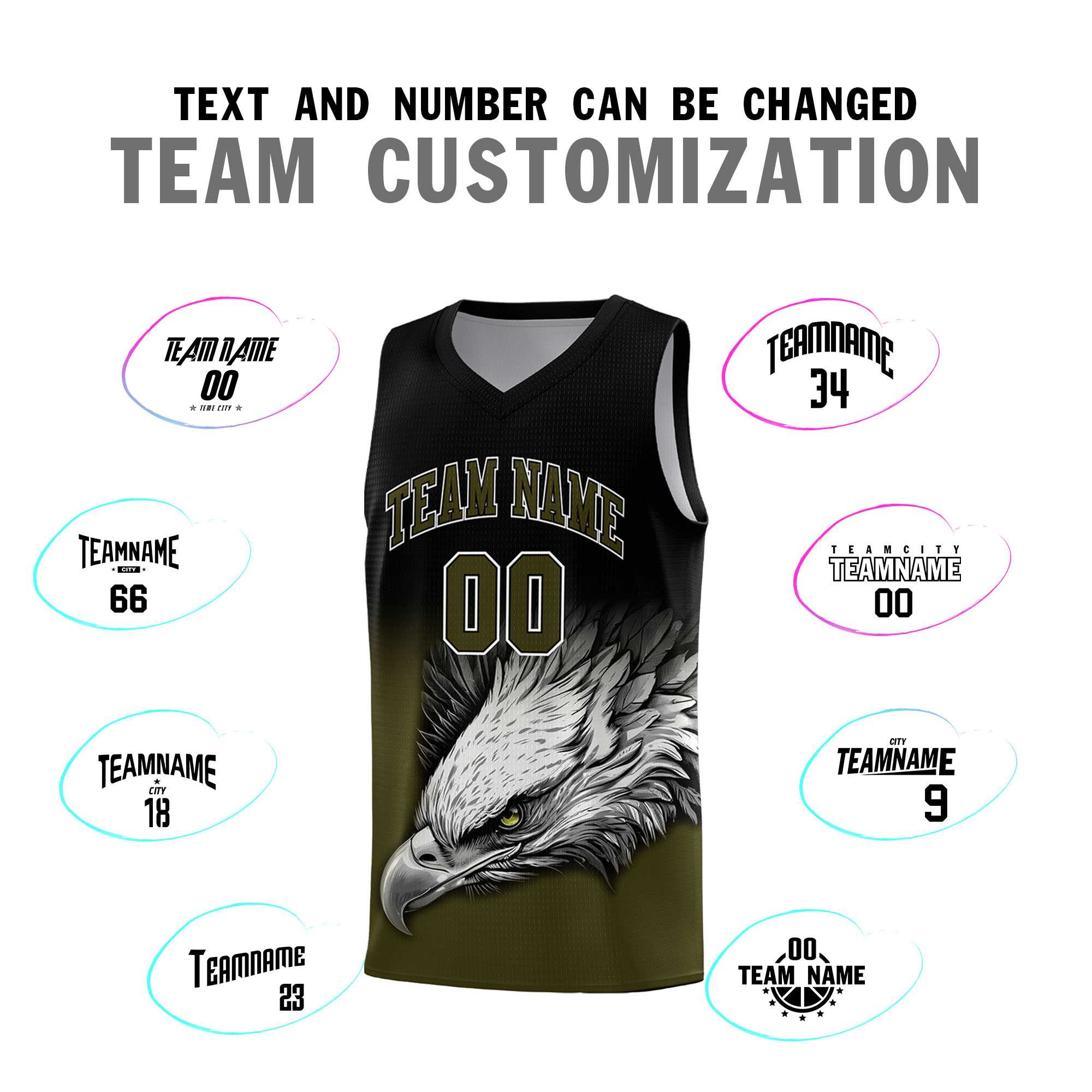Custom Black Olive Eagle Pattern Graffiti Pattern Sports Uniform Basketball Jersey