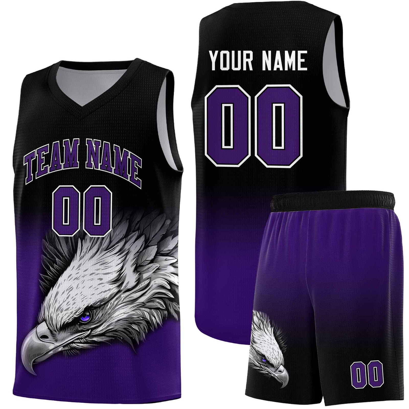 Custom Black Purple Eagle Pattern Graffiti Pattern Sports Uniform Basketball Jersey