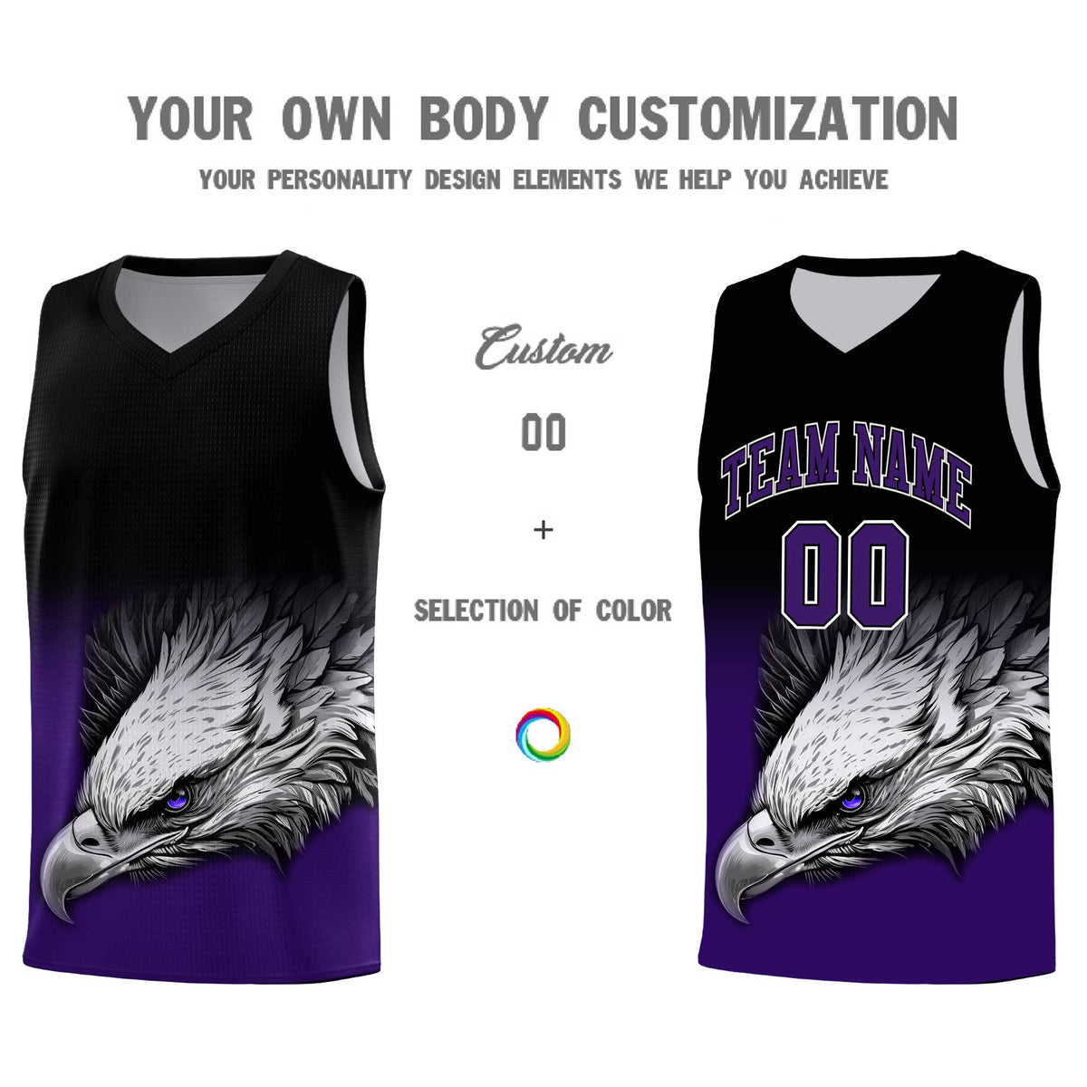 Custom Black Purple Eagle Pattern Graffiti Pattern Sports Uniform Basketball Jersey