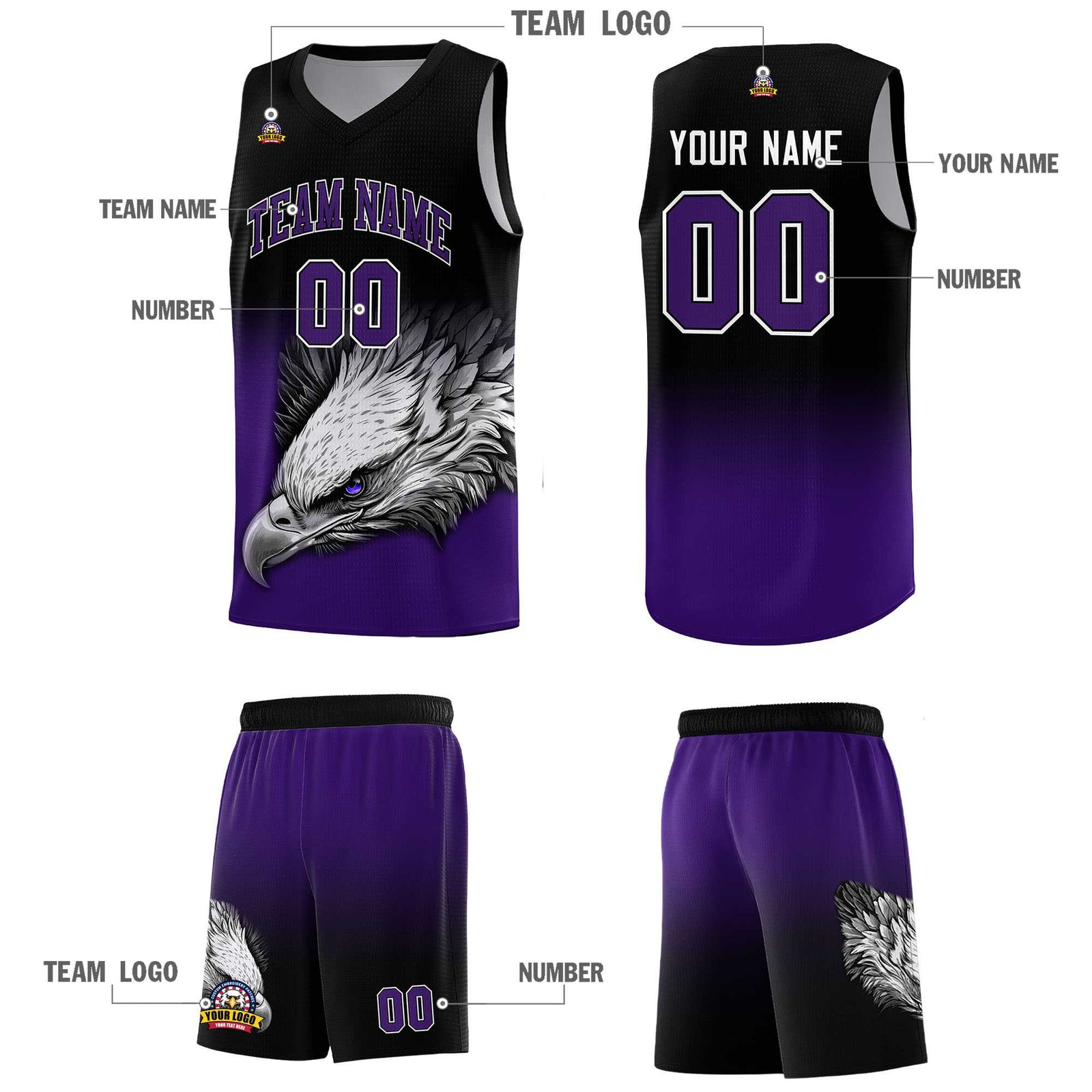 Custom Black Purple Eagle Pattern Graffiti Pattern Sports Uniform Basketball Jersey