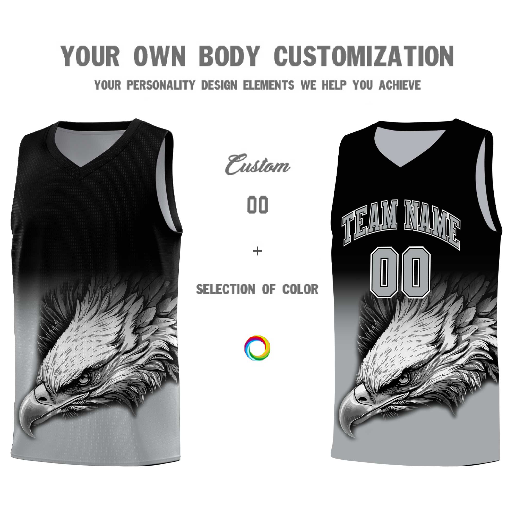 Custom Black Gray Eagle Pattern Graffiti Pattern Sports Uniform Basketball Jersey