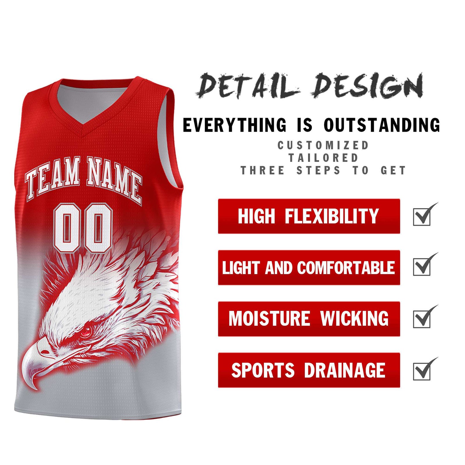 Custom Red Gray Eagle Pattern Graffiti Pattern Sports Uniform Basketball Jersey