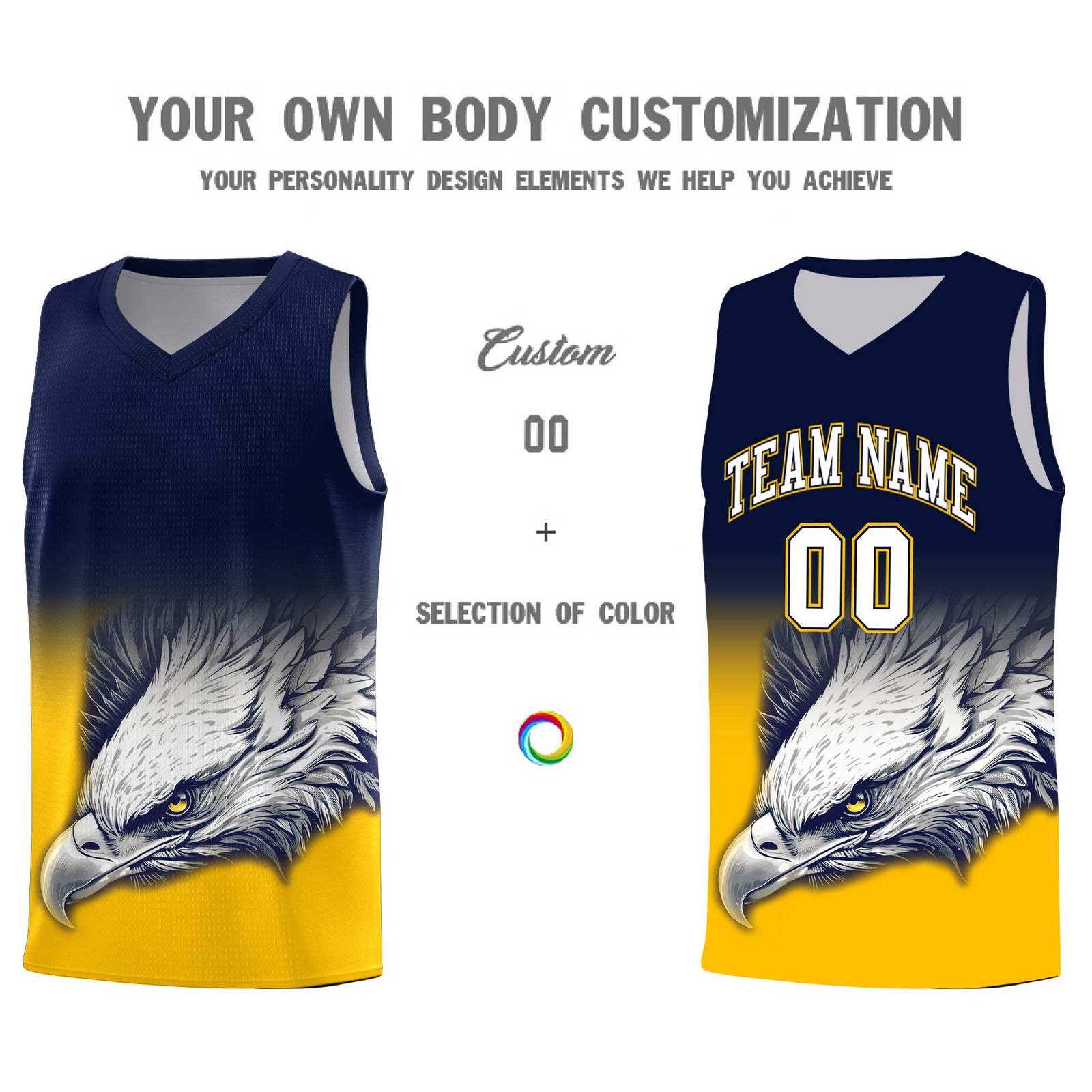 Custom Navy Yellow Eagle Pattern Graffiti Pattern Sports Uniform Basketball Jersey