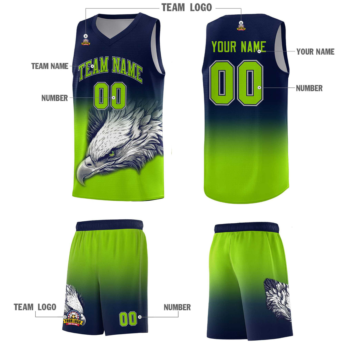 Custom Navy Neon Green Eagle Pattern Graffiti Pattern Sports Uniform Basketball Jersey