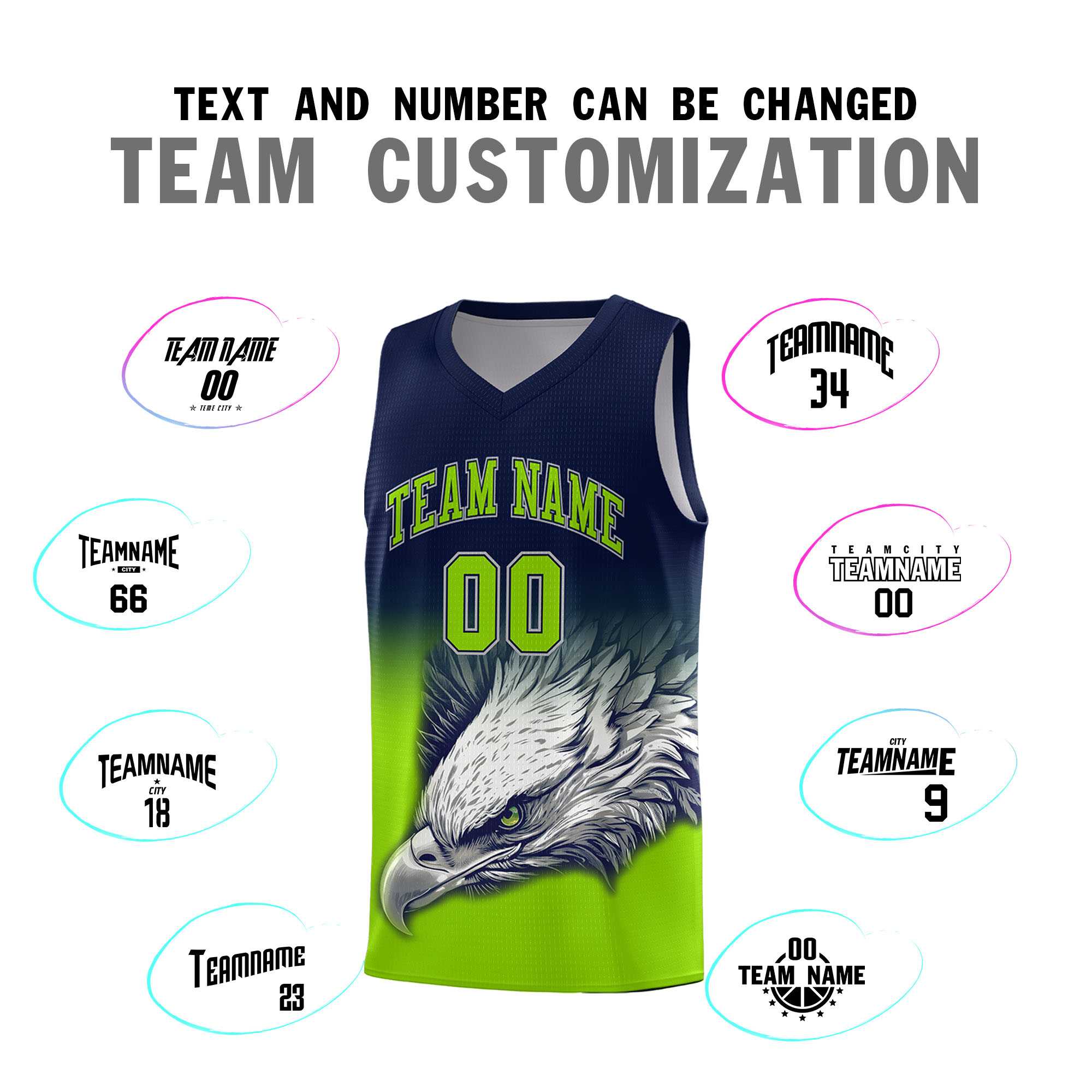 Custom Navy Neon Green Eagle Pattern Graffiti Pattern Sports Uniform Basketball Jersey